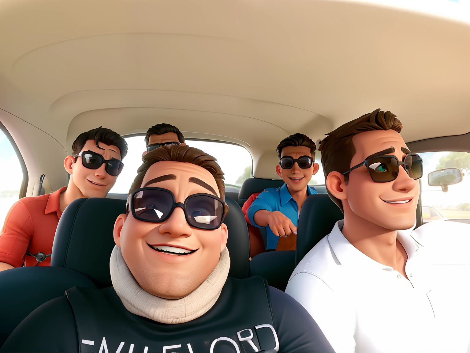 There's four men in a car with sunglasses on, Assumido em Go Pro Hero8, divertindo-se