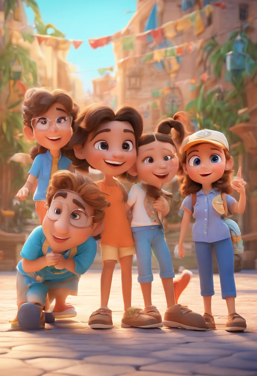 Cartoon of friends having fun on vacation together,  3D Animation Movie Poster, Poster de filme animado, pixar 3 d animation style, pixar renderman rendering, maia 8 mil, animated film, Disney Pixar Estilo 3D, amigos felizes saem juntos, all wearing light blue shirts and cream brown long pants, camisa azul clara, cream brown pants, ao ar livre, vacation, Disney Pixar Animation Poster