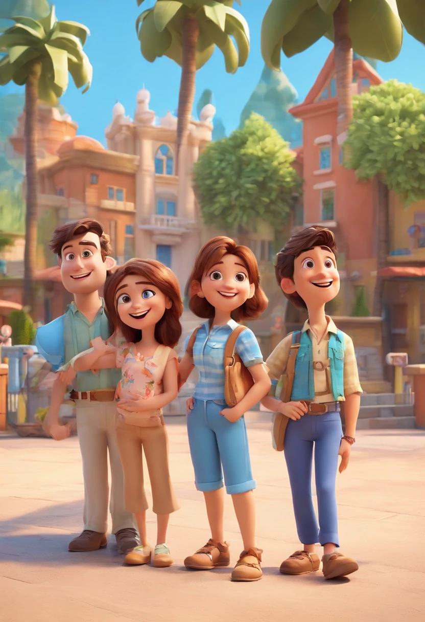 Cartoon of friends having fun on vacation together, 3D Animation Movie Poster, Poster de filme animado, pixar 3 d animation style, pixar renderman rendering, maia 8 mil, animated film, Disney Pixar Estilo 3D, amigos felizes saem juntos, all wearing light blue shirts and cream brown long pants, camisa azul clara, cream brown pants, ao ar livre, vacation, Disney Pixar Animation Poster