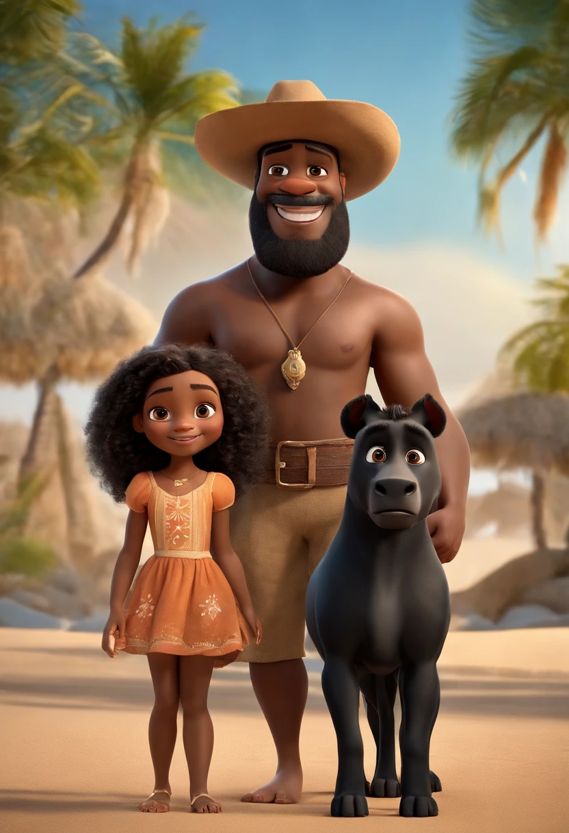 a Disney Pixar movie poster showing a black-skinned family. The father is the tallest, musculoso, Tem barba curta, cabelos muito curtos. Mom has curly brown eyes and hair, na altura dos ombros, negra corpo malhado. A menina pele marrom clara tem 13 anos e cabelos castanhos, roupa preta e branca e rabos de cavalo. Menina de 4 anos negra pele preta cabelo black power veste vestido de princesa e segura uma gatinha cinza. The background is a beach garden. 3D-rendering