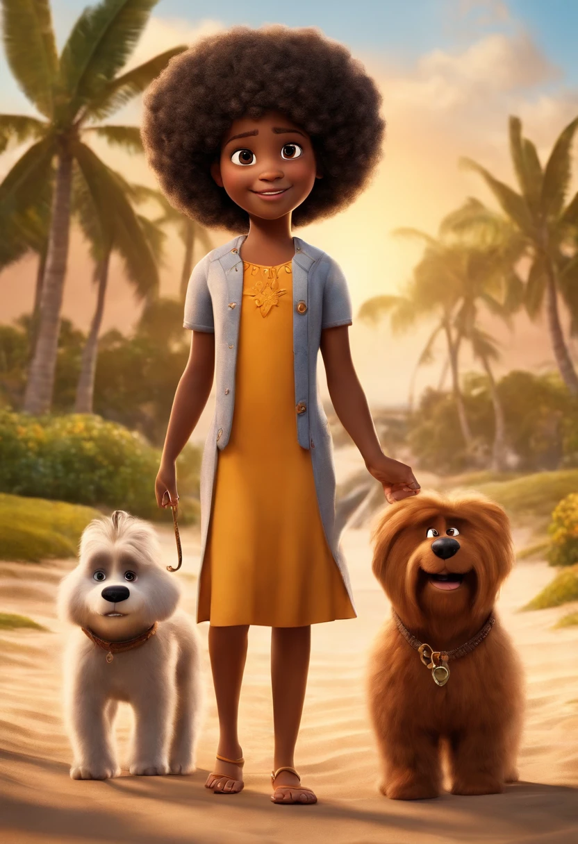 a Disney Pixar movie poster showing a black-skinned family. The father is the tallest, musculoso, Tem barba curta, cabelos muito curtos. Mom has curly brown eyes and hair, na altura dos ombros, negra corpo malhado. A pele marrom clara tem 13 anos e cabelos castanhos, roupa preta e branca e rabos de cavalo. Meninaanos negra pele preta cabelo black power veste vestido de princesa e segura uma gatinha cinza. The background is a beach garden. 3D-rendering