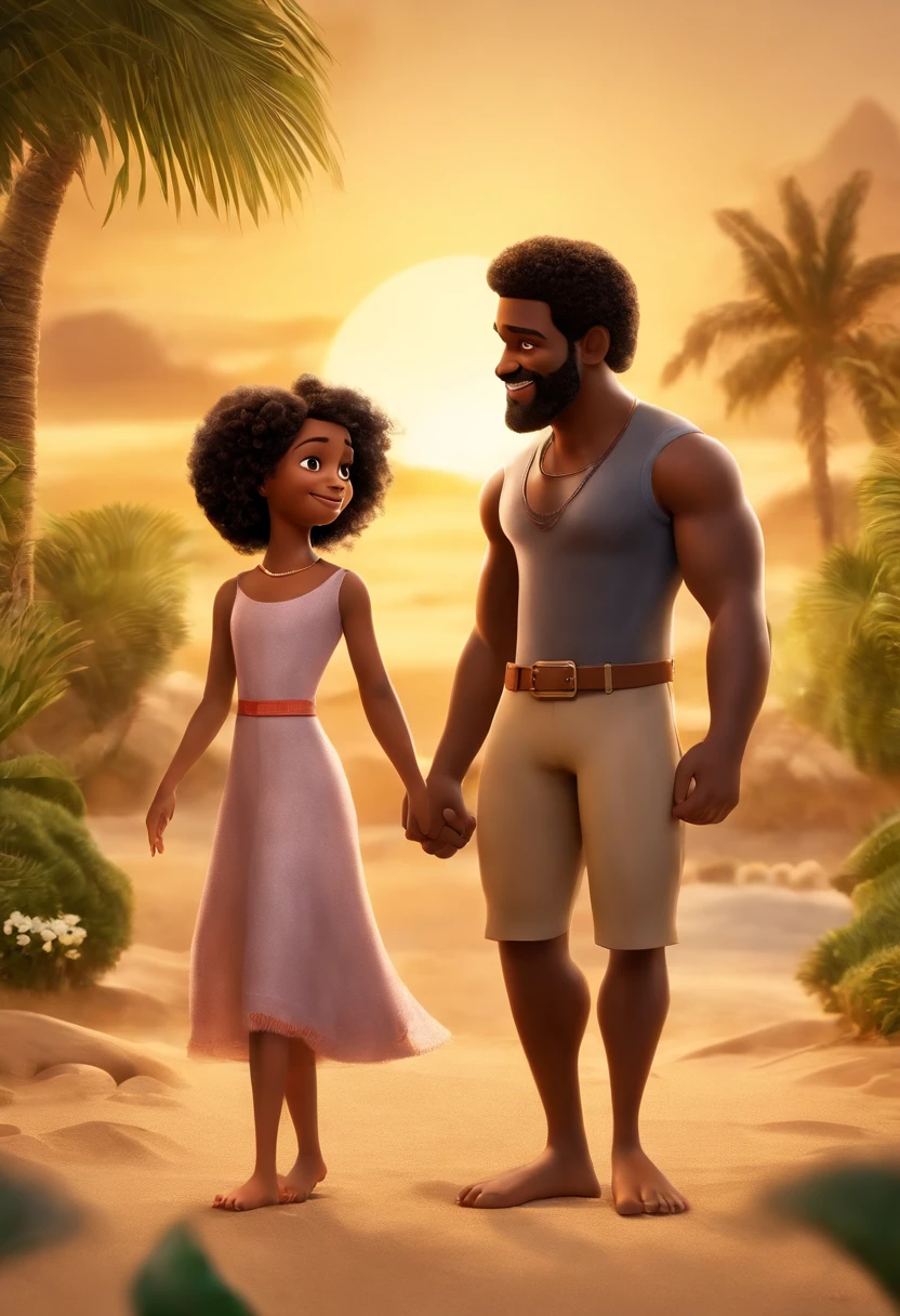 a Disney Pixar movie poster showing a black-skinned family. The father is the tallest, musculoso, Tem barba curta, cabelos muito curtos. Mom has curly brown eyes and hair, na altura dos ombros, negra corpo malhado. A pele marrom clara tem 13 anos e cabelos castanhos, roupa preta e branca e rabos de cavalo. Meninaanos negra pele preta cabelo black power veste vestido de princesa e segura uma gatinha cinza. The background is a beach garden. 3D-rendering