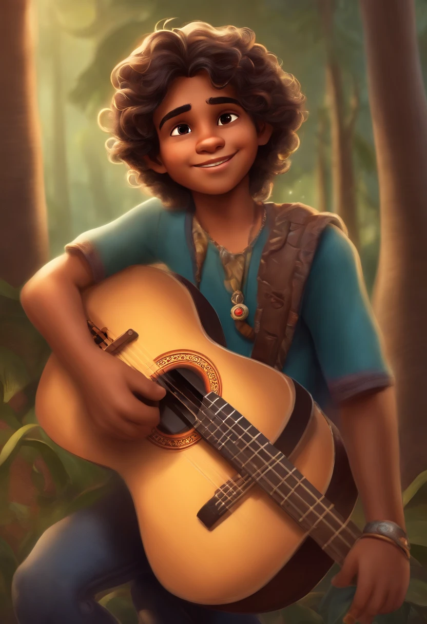 crie um banner no estilo Pixar. A boy with Indian features, moreno pardo com cabelos curtos, Castanhos escuros, Curly and slightly grayish appearance, mas jovem, usando uma camiseta, Wearing jeans and holding a classical guitar with 7 strings.