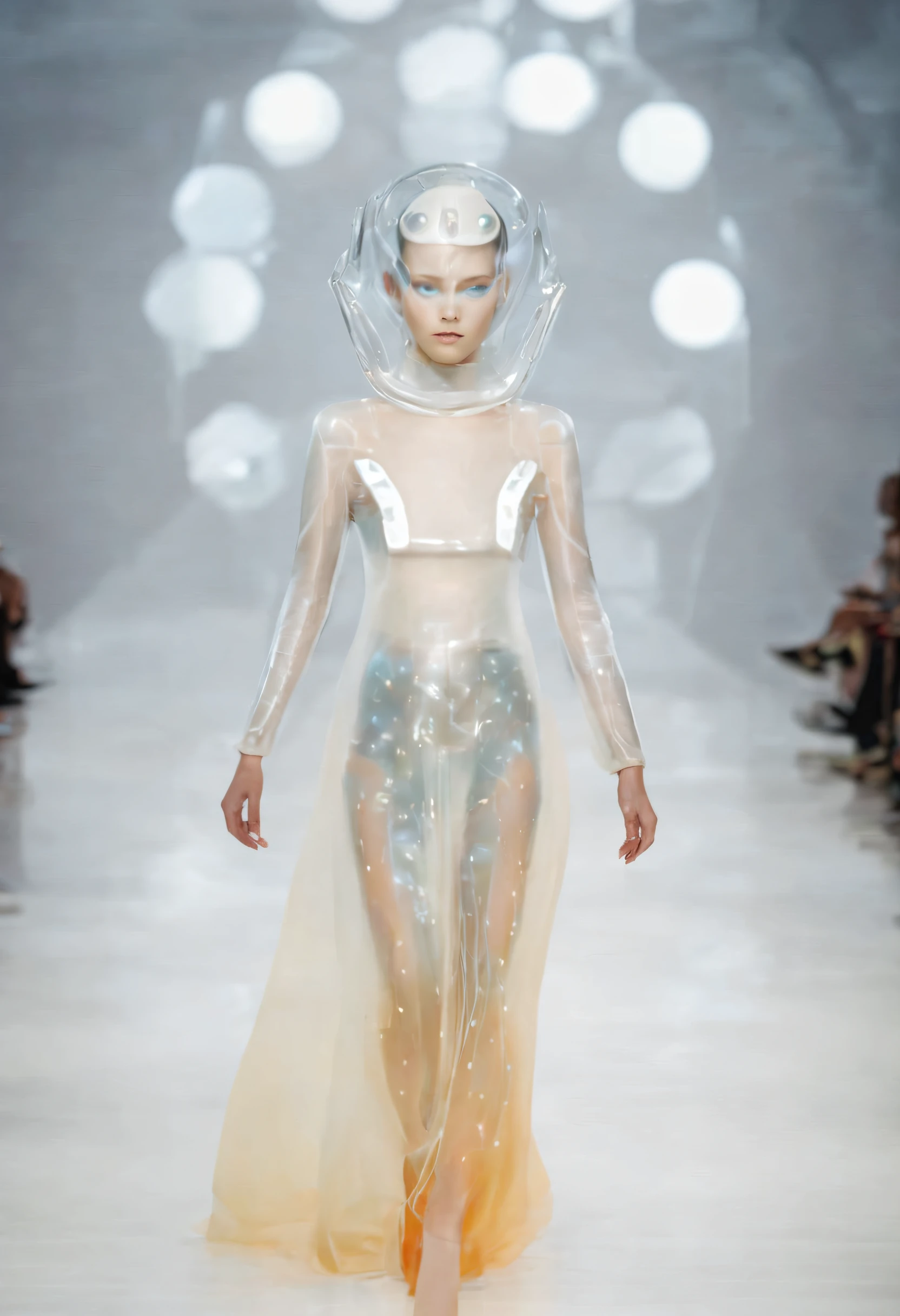 futuristic fashion show,Translucent ethereal aliens,futuristic fashion show,High-tech catwalks,Warm color series