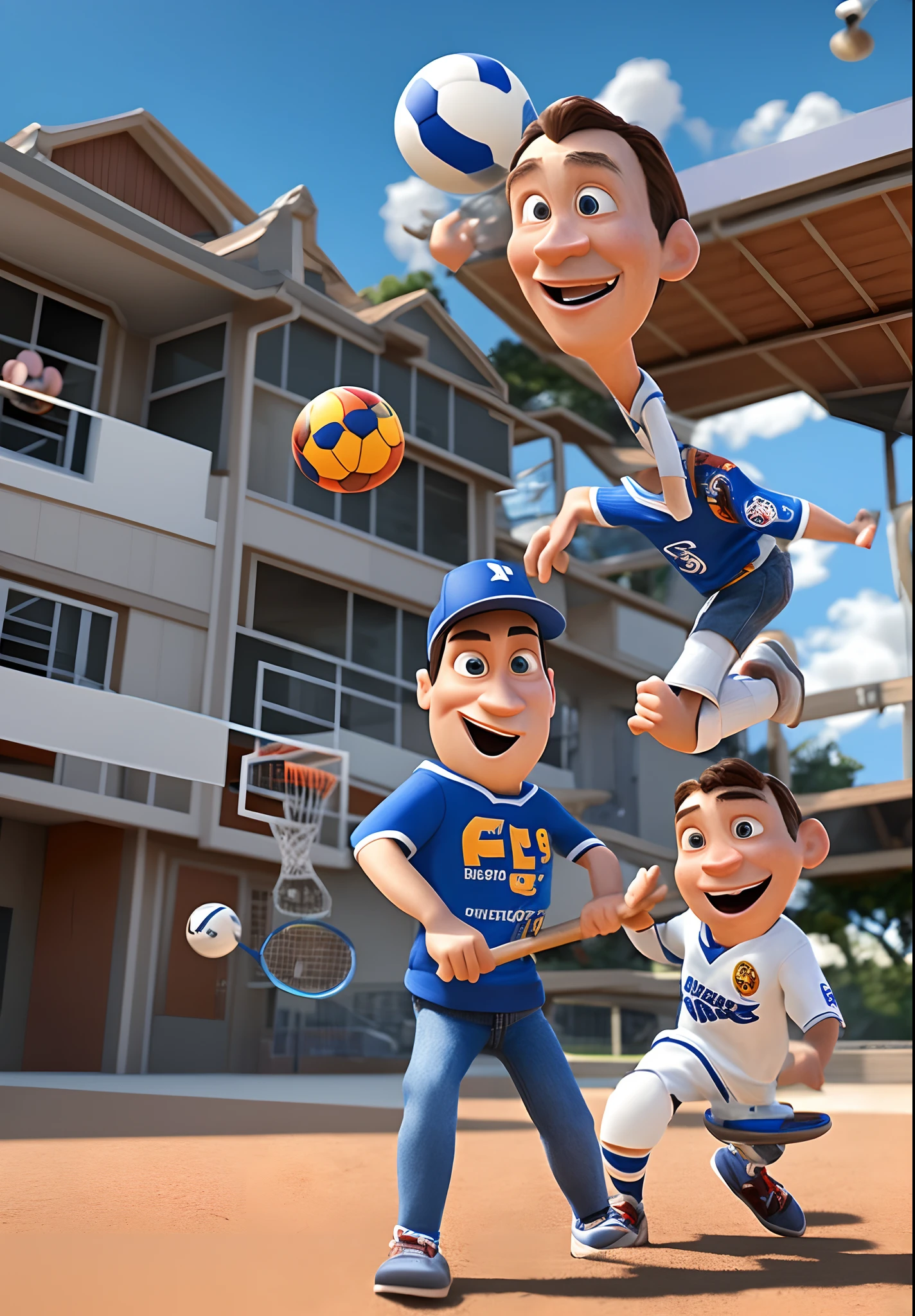 Homem 3D Pixar 50 anos, branco e esportista, with sports court in the background and children,