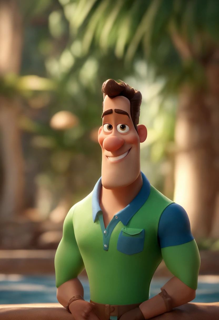 Personagem de desenho animado de um homem de pele escura, usando uma camisa verde e bermuda azul correndo, perto da praia, um personagem animado, Caractere estilizado, animation style rendering, 3D estilizado, Arnold Maya render, 3 d render stylized, toon render keyshot, Personagem 3D, Personagem 3D, 3d rendering stylized, 3 d character render, personagem de desenho animado, Personagem de close up, Pose de personagem, (Estilo Pixar) (master part:1.2) (Bokeh) (best quality) (pele detalhada) (textura detalhada) (8k) (argila) (Cinematic lighting) (foco nítido,Senta e vaza a parte superior do corpo