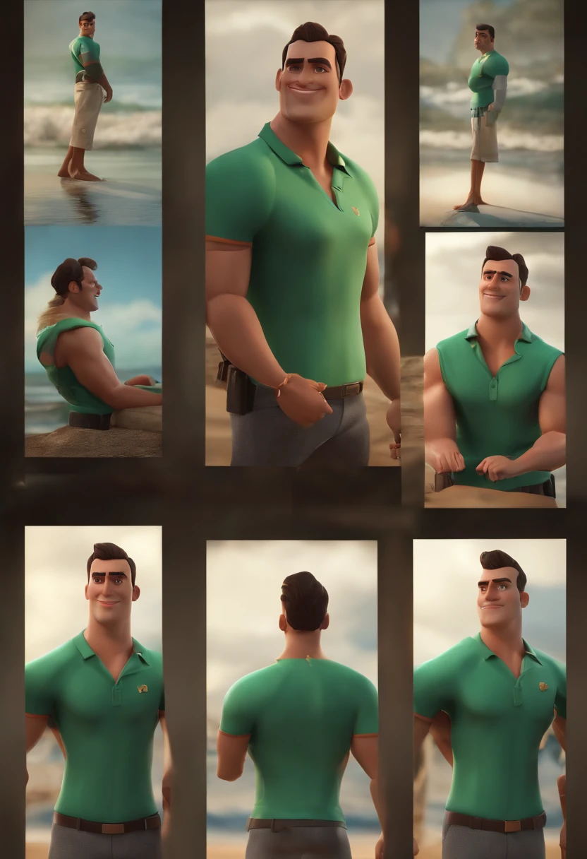 Personagem de desenho animado de um homem de pele escura, usando uma camisa verde e bermuda azul correndo, perto da praia, um personagem animado, Caractere estilizado, animation style rendering, 3D estilizado, Arnold Maya render, 3 d render stylized, toon render keyshot, Personagem 3D, Personagem 3D, 3d rendering stylized, 3 d character render, personagem de desenho animado, Personagem de close up, Pose de personagem, (Estilo Pixar) (master part:1.2) (Bokeh) (best quality) (pele detalhada) (textura detalhada) (8k) (argila) (Cinematic lighting) (foco nítido,Senta e vaza a parte superior do corpo