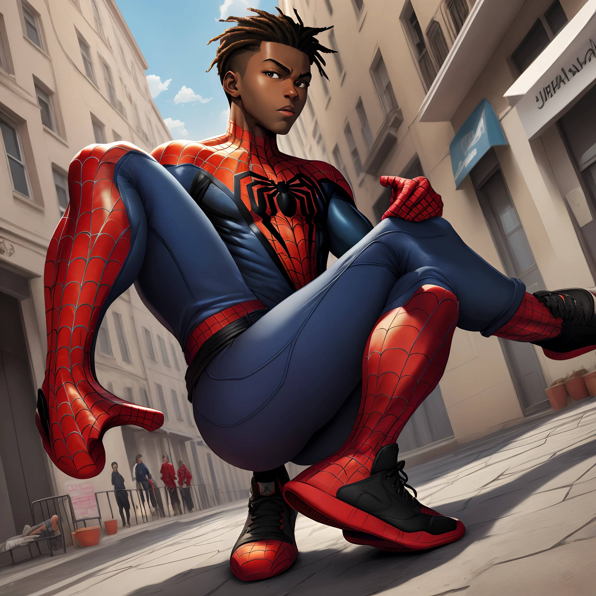 Painel manhwa spider man, boy dark skinned, hair custy, in terrace, Air Jordan