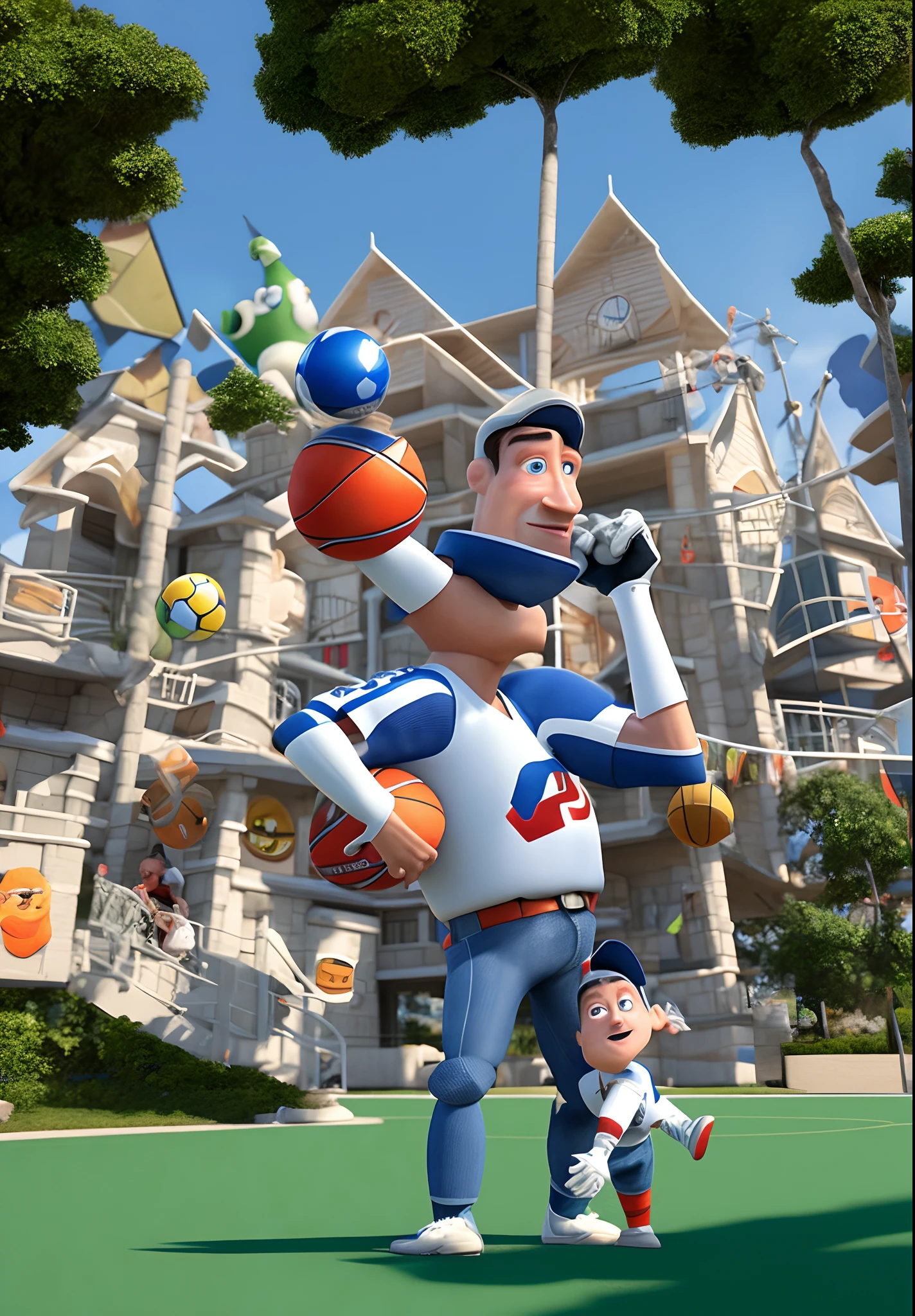 Homem 3D Pixar 50 anos, branco e esportista, with sports court in the background and children,