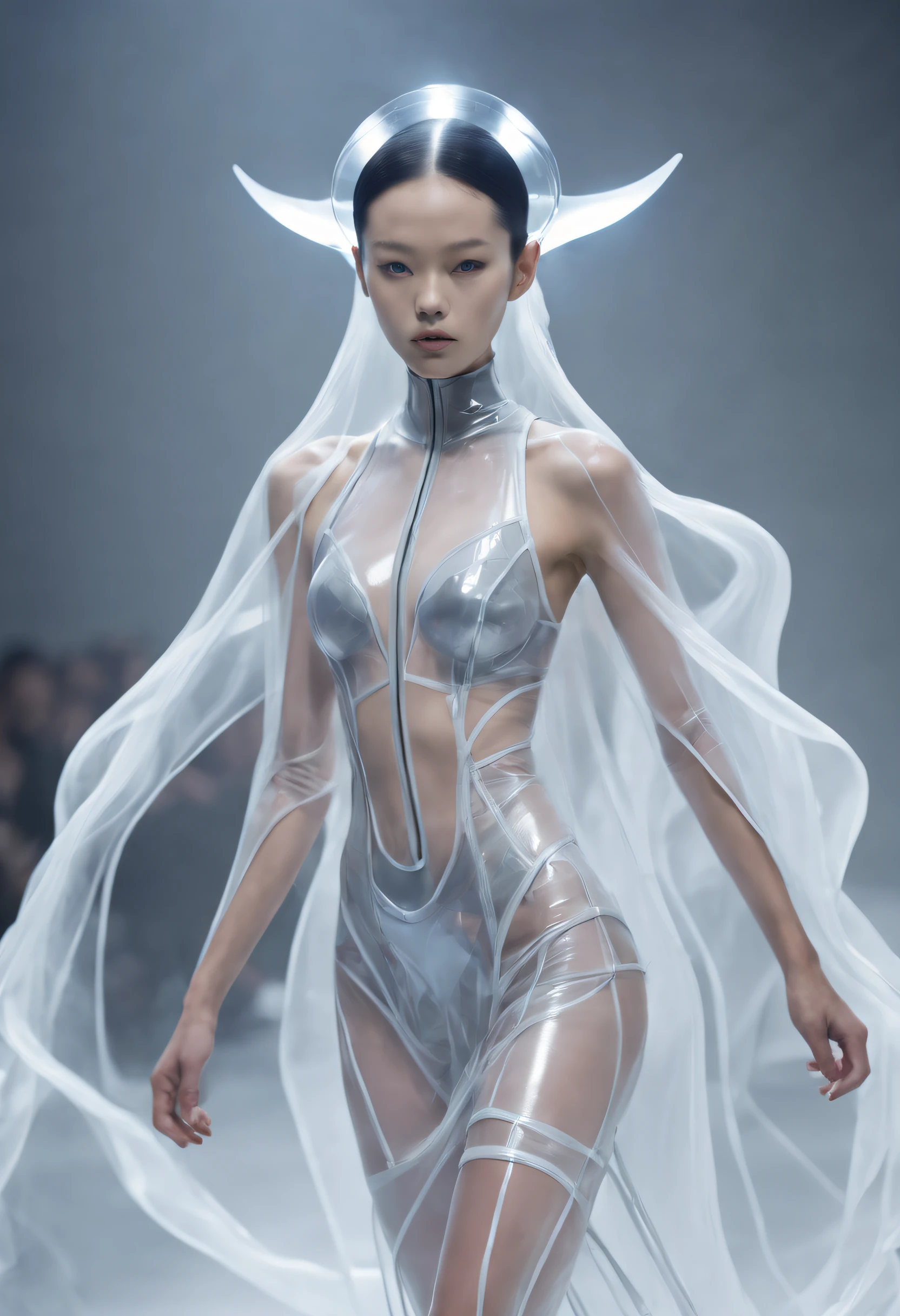 futuristic fashion show,Translucent ethereal aliens,futuristic fashion show,High-tech catwalks,Genuine leather series