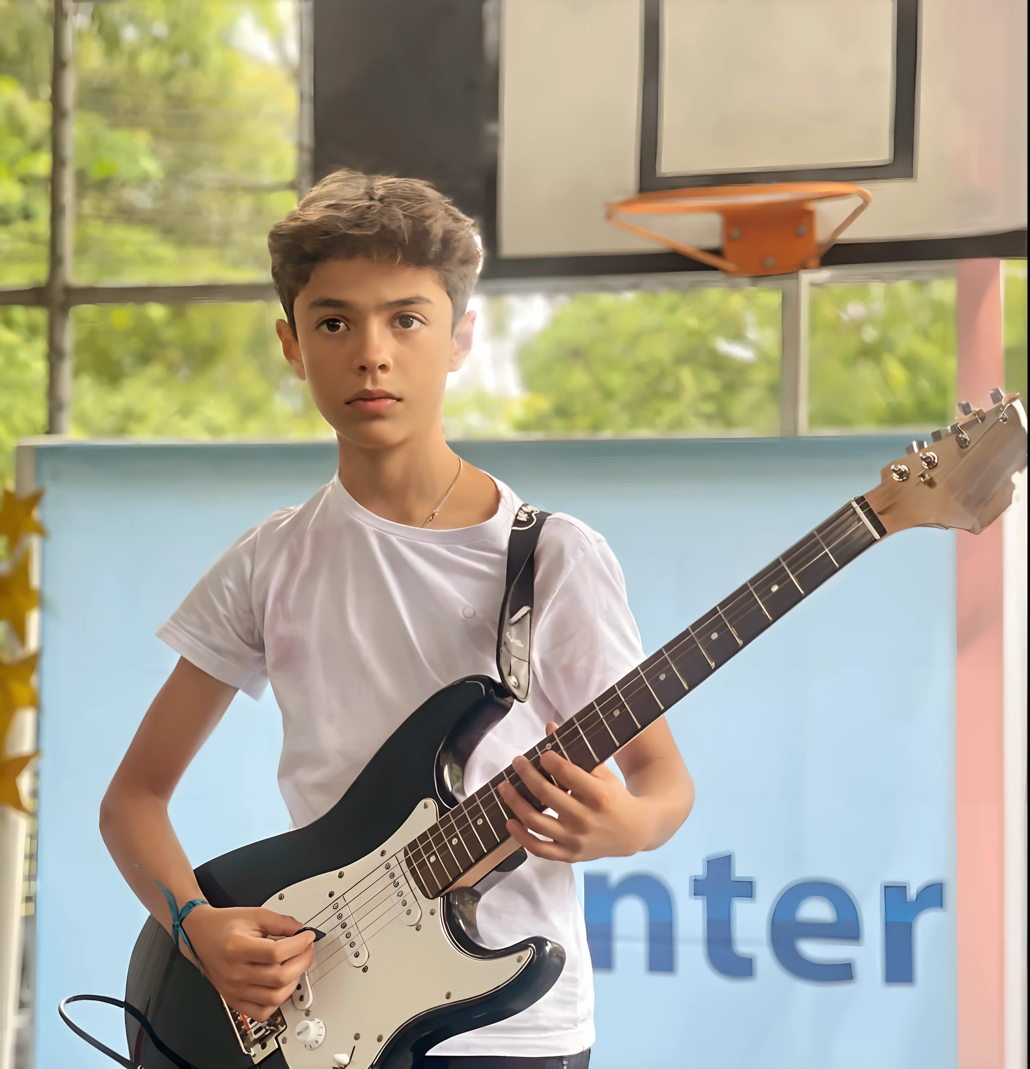 Menino de doze anos tocando guitarra e cantando em um show