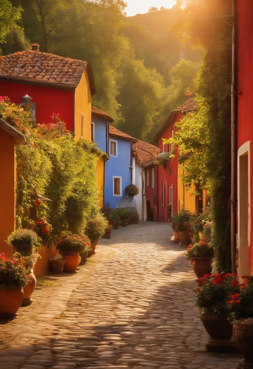 ((master part)), ((best quality)), 8k, alto detalhamento, ultra-detalhado, Uma cena pitoresca de uma vila sueca. The village is situated in a valley surrounded by lush green hills. The streets are lined with colorful wooden houses, each adorned with traditional Swedish decorations. The houses have pitched roofs and are painted in vibrant shades of red, amarelo, e azul. No centro da vila, There's a charming town square with a fountain and a statue of a famous Swedish poet. The streets are cobblestone, And there are bikes parked along the sidewalks. In the distance, You can see a serene lake shimmering under the golden rays of the setting sun. The sky is dotted with fluffy white clouds, And the birds are chirping merrily in the trees.