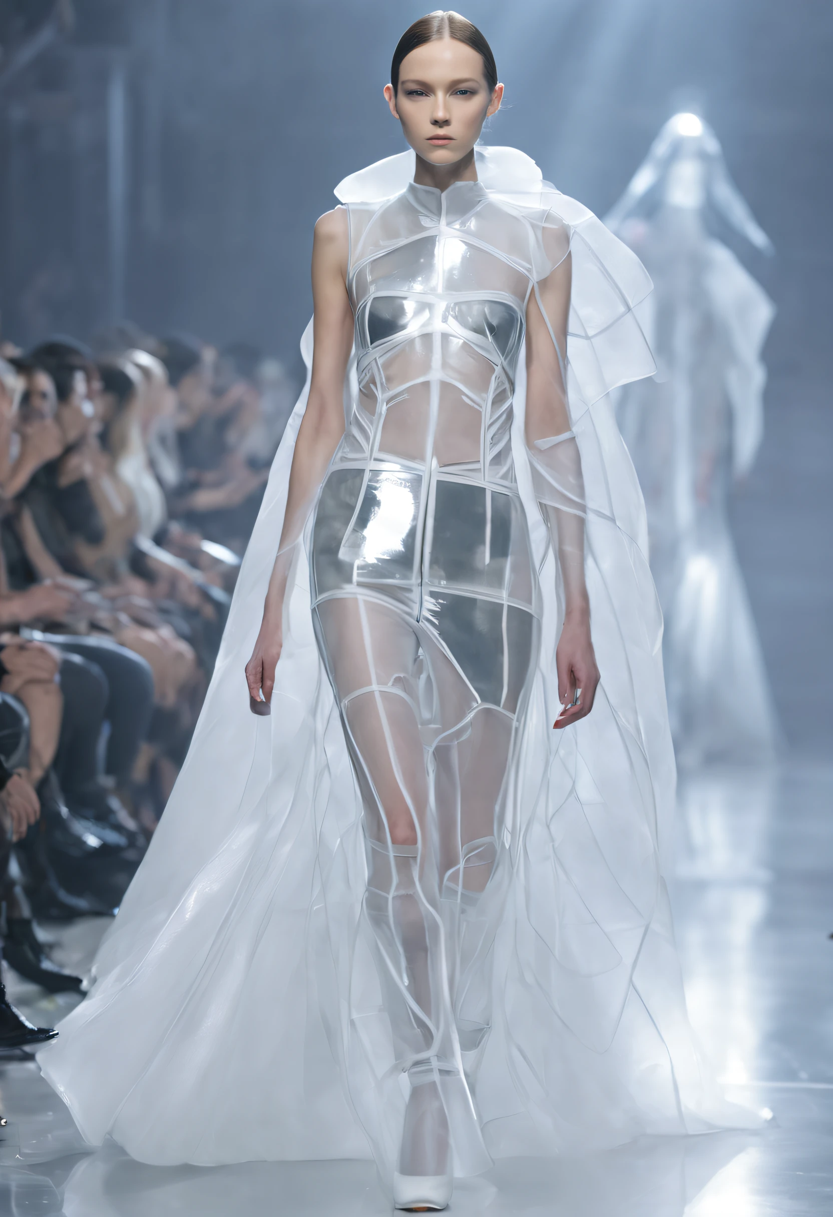 futuristic fashion show，Translucent ethereal aliens，futuristic fashion show，High-tech catwalks，Genuine leather series