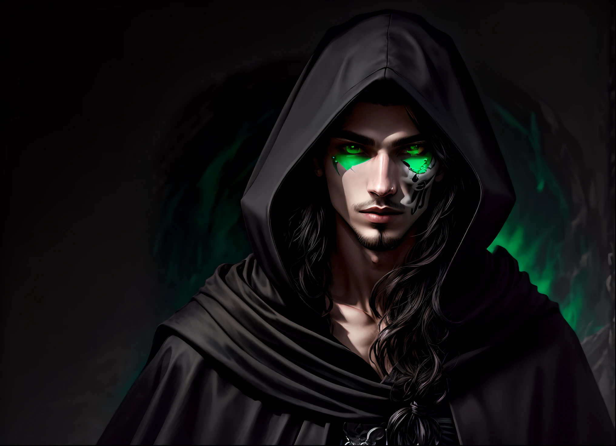 Alluring Man with half face half skull, green eyes and long dark hair. Dressed in a black cloak