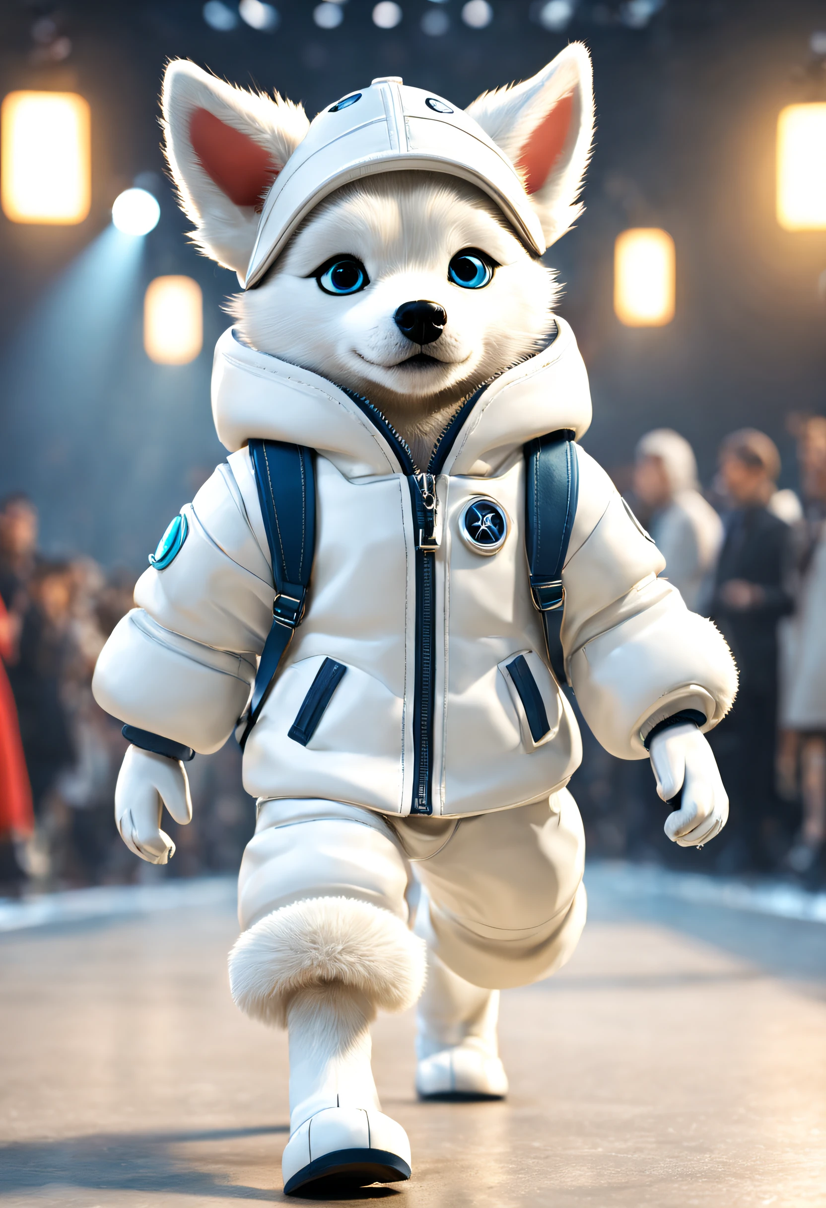 （A husky puppy in a white hat jacket walks down the runway）, （A husky puppy in a white hat jacket：1.37）, （Wearing white pants：1.37），（Human dog hybrids）, highly fashionable, （Anthropomorphic dogs：1.1）Doggy!!!!!, （Cool and handsome dog,）,((Wearing cool sunglasses：1.3)), (Black boots：1.3），（Anthropomorphic dog white transparent dog））, Dumb cute,  ( White dog ) ，Husky dog in white jacket walking on the catwalk，Very stylish puppy, （Wearing a hood：1.1） ， anthropomorphic dog 。White dog, 

Background: inside in room，The runway is covered with fine sand, (Catwalk scene, (((Runway scene))), The stage is covered with fine sand, colorful atmosphere.Emphasis on dynamics, Rotational motion ray tracing in compositing, god light, hyper HD, A masterpiece of anatomical knots，It can give texture to the skin, Super detail, High details, High quality, Award-Awarded, Best quality,  Textured skin, Super detail, Award-Awarded, Best quality, 8K vision, Catwalk, Realistic, Fantasyart，{{Masterpiece}}, {{{Best quality}}}, {{Ultra-detailed}}, {{illustration}} ，,Photography,concept art of character,Pixar style,Ghibli style,Cartoon style,Vinyl figures,Caricature,Masterpiece,illustration,illusory engine,rendering by octane,corona rendered,v-ray,Tilt-Shift,full bodyesbian,Long shot,rays of shimmering light,a 3D render,