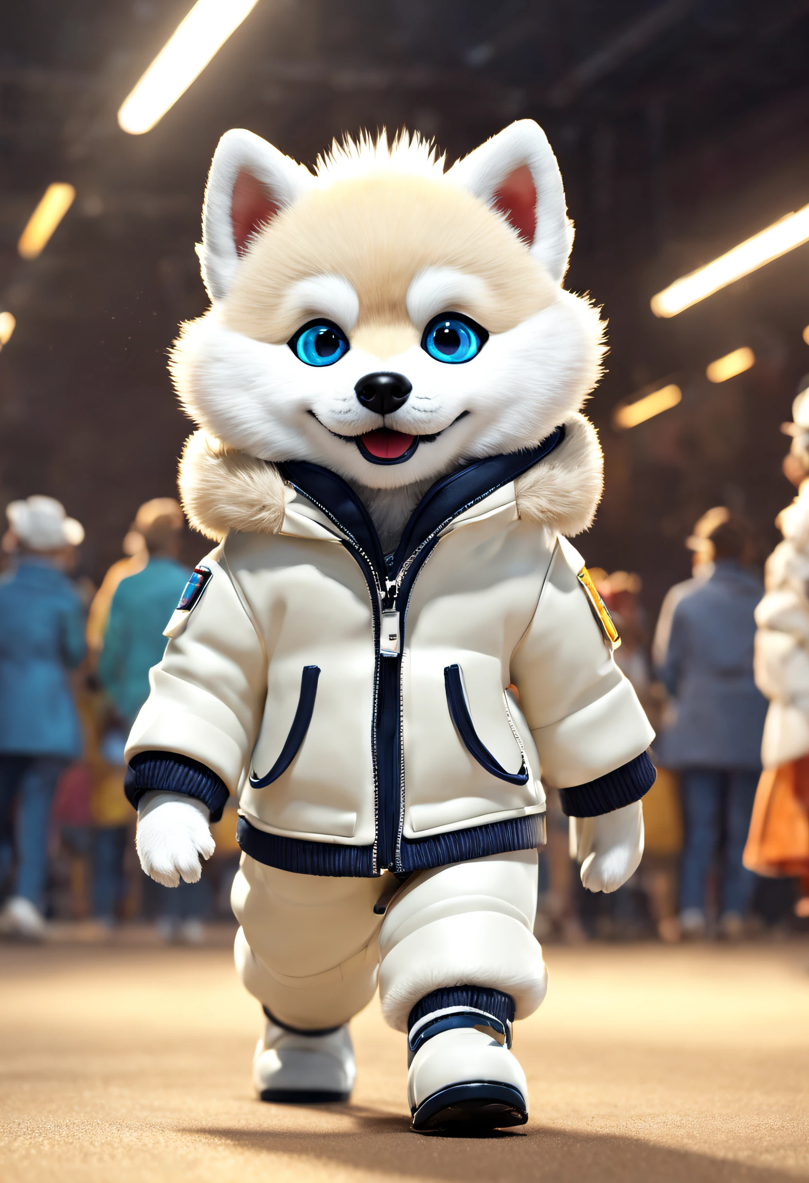 （A husky puppy in a white hat jacket walks down the runway）, （A husky puppy in a white hat jacket：1.37）, （Wearing white pants：1.37），（Human dog hybrids）, highly fashionable, （Anthropomorphic dogs：1.1）Doggy!!!!!, （Cool and handsome dog,）,((Wearing cool sunglasses：1.3)), (Black boots：1.3），（Anthropomorphic dog white transparent dog））, Dumb cute,  ( White dog ) ，Husky dog in white jacket walking on the catwalk，Very stylish puppy, （Wearing a hood：1.1） ， anthropomorphic dog 。White dog, 

Background: inside in room，The runway is covered with fine sand, (Catwalk scene, (((Runway scene))), The stage is covered with fine sand, colorful atmosphere.Emphasis on dynamics, Rotational motion ray tracing in compositing, god light, hyper HD, A masterpiece of anatomical knots，It can give texture to the skin, Super detail, High details, High quality, Award-Awarded, Best quality,  Textured skin, Super detail, Award-Awarded, Best quality, 8K vision, Catwalk, Realistic, Fantasyart，{{Masterpiece}}, {{{Best quality}}}, {{Ultra-detailed}}, {{illustration}} ，,Photography,concept art of character,Pixar style,Ghibli style,Cartoon style,Vinyl figures,Caricature,Masterpiece,illustration,illusory engine,rendering by octane,corona rendered,v-ray,Tilt-Shift,full bodyesbian,Long shot,rays of shimmering light,a 3D render,