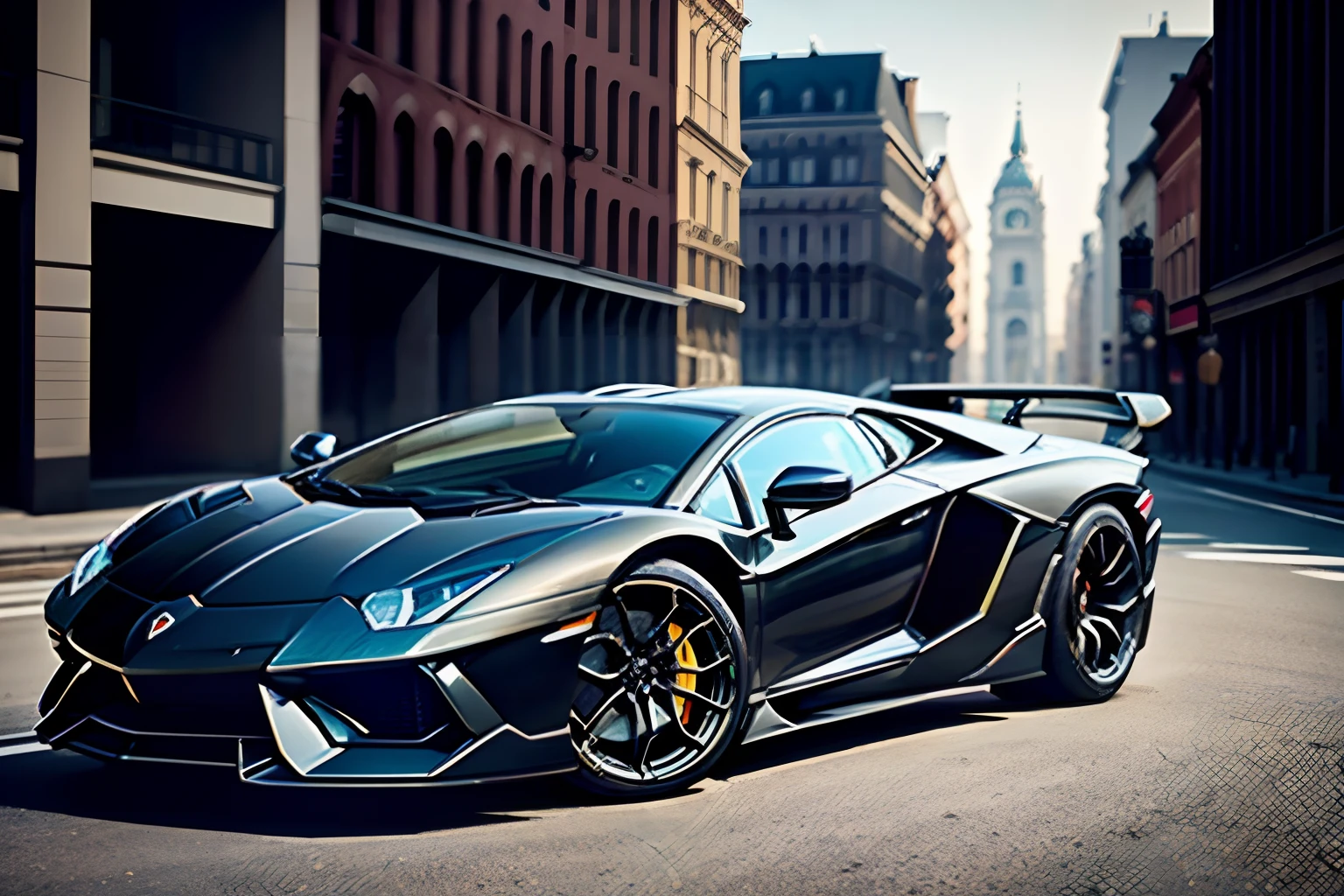 Masterpiece, best quality, 4k, automobile, black car, 2022 Lamborghini Aventador, European city street backdrop, 3/4 view, solo, single