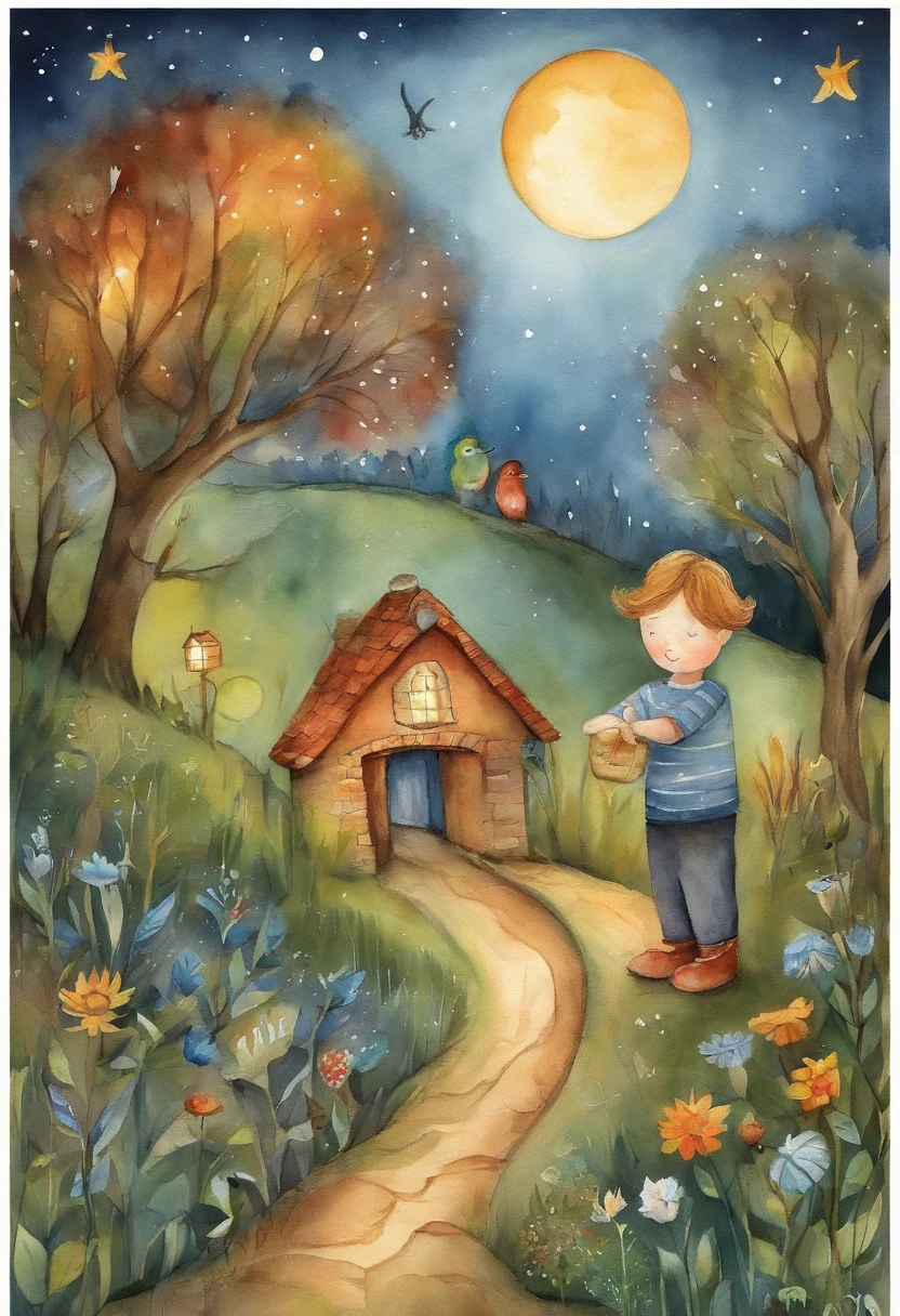 two boys, both exploring a night scene full of wonders. Add a starry sky with smiling stars, and put a friendly moon watching the scene with an affectionate look. Ademais, Insert a translucent spirit, Friendly and bright appearance, as a magical guide on the characters' nightly journey. Use a palette of soft and vibrant colors to create a cheerful and magical environment, Perfectly suitable for children. Let your creativity flow and capture the sense of adventure and mystery.