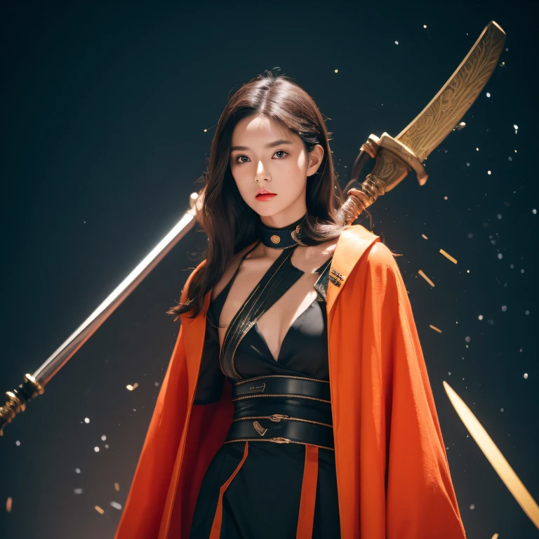 model of fashion show,Fashion show cupcakes, Weapons fashion show, The sword, halter, holdingweapon, 32K fashion show, Linen cloak, Top quality, Masterpiece:Faust,Fashion model,stage, long whitr hair, clouds, On your stomach, (tmasterpiece,k hd,hyper HD,16k),clutching a sword, buliding, Reflectors, bloods, Eastern Asia, Weapon focus, Skysky, Fashion show brunette, knifes, trouser, firey, banya, The clothes ar, bandagens, sword sheath,Fashion show masks, 独奏(((1girl)))