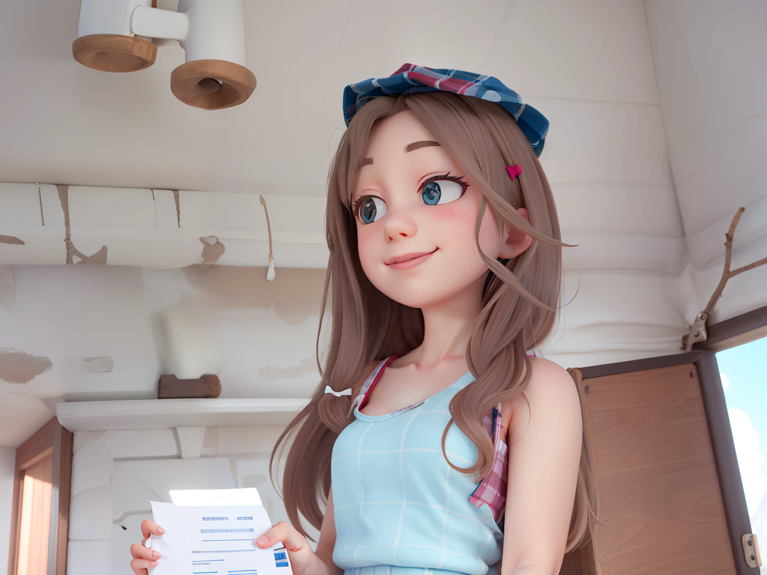 masterpiece, high quality best quality,1girl, bangs, beach, blue_sky, blush, bow, breasts, checkered, checkered_shirt, checkered_skirt, cloud, cloudy_sky, collarbone, day, envelope, giving, grass, hair_bow, heart, holding, holding_letter, horizon, incoming_gift, kazami_yuuka, leaning_forward, lens_flare, letter, light_rays, long_hair, looking_at_viewer, love_letter, mountain, mountainous_horizon, ocean, outdoors, plaid, plaid_background, plaid_bikini, plaid_bow, plaid_bowtie, plaid_bra, plaid_dress, plaid_headwear, plaid_jacket, plaid_legwear, plaid_necktie, plaid_neckwear, plaid_panties, plaid_pants, plaid_ribbon, plaid_scarf, plaid_shirt, plaid_skirt, plaid_vest, pov, shirt, skirt, sky, smile, solo, sun, sunbeam, sunlight, tree, unmoving_pattern