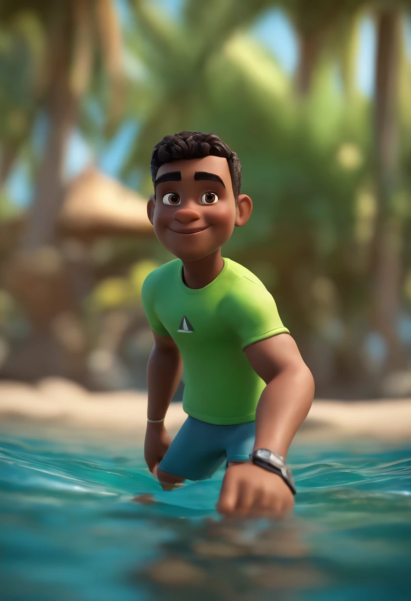 Personagem de desenho animado de um homem de pele preta, usando uma camisa verde e bermuda azul correndo na praia, um personagem animado, Caractere estilizado, animation style rendering, 3D estilizado, Arnold Maya render, 3 d render stylized, toon render keyshot, Personagem 3D, Personagem 3D, 3d rendering stylized, 3 d character render, personagem de desenho animado, Personagem de close up, Pose de personagem, (Estilo Pixar) (master part:1.2) (Bokeh) (best quality) (pele detalhada) (textura detalhada) (8k) (argila) (Cinematic lighting) (foco nítido,Senta e vaza a parte superior do corpo