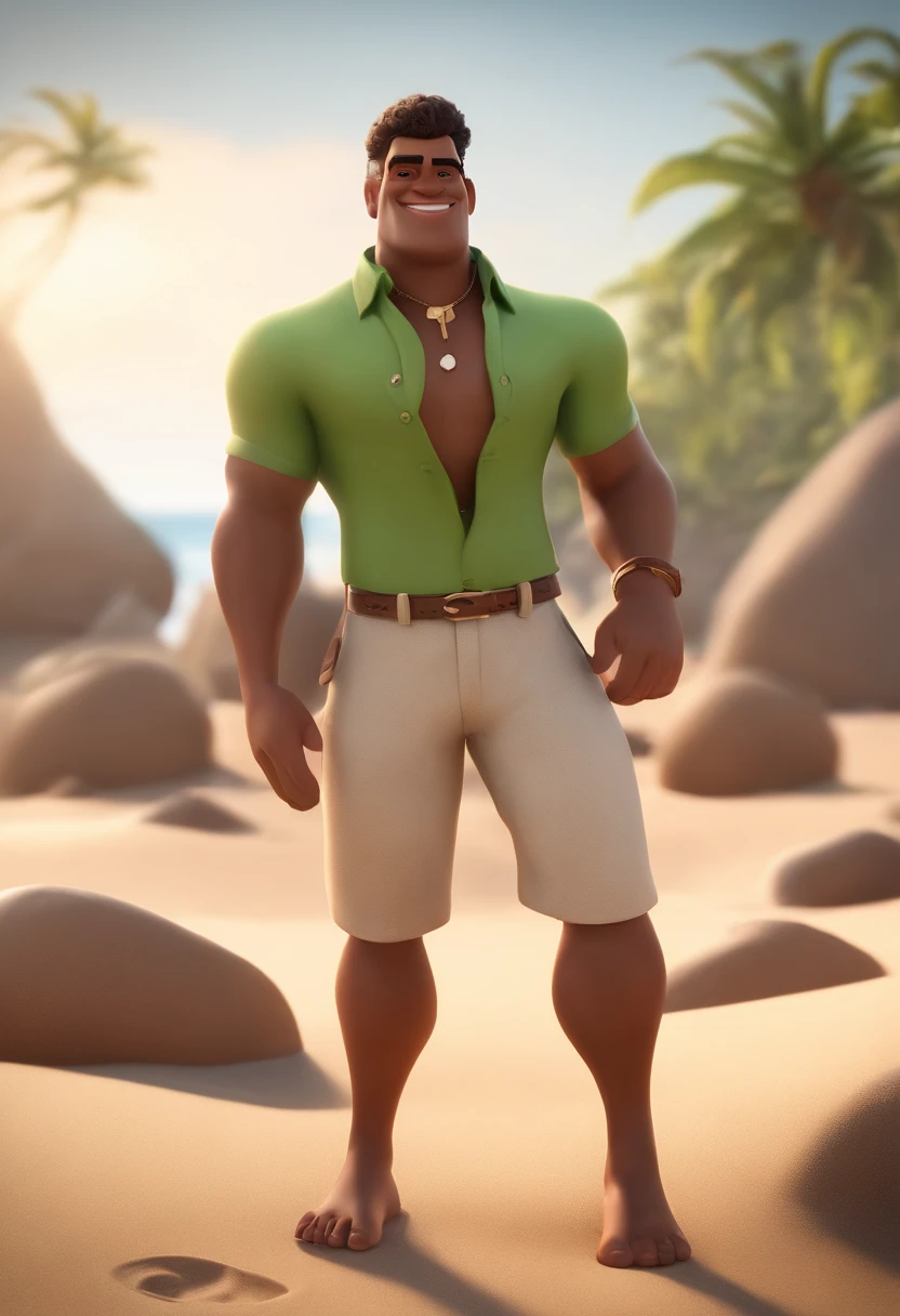 Personagem de desenho animado de um homem de pele preta, usando uma camisa verde e bermuda azul correndo na praia, um personagem animado, Caractere estilizado, animation style rendering, 3D estilizado, Arnold Maya render, 3 d render stylized, toon render keyshot, Personagem 3D, Personagem 3D, 3d rendering stylized, 3 d character render, personagem de desenho animado, Personagem de close up, Pose de personagem, (Estilo Pixar) (master part:1.2) (Bokeh) (best quality) (pele detalhada) (textura detalhada) (8k) (argila) (Cinematic lighting) (foco nítido,Senta e vaza a parte superior do corpo