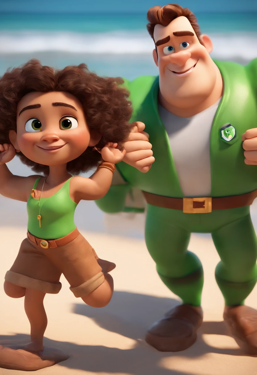 Personagem de desenho animado de um homem de pele preta, usando uma camisa verde e bermuda azul correndo na praia, um personagem animado, Caractere estilizado, animation style rendering, 3D estilizado, Arnold Maya render, 3 d render stylized, toon render keyshot, Personagem 3D, Personagem 3D, 3d rendering stylized, 3 d character render, personagem de desenho animado, Personagem de close up, Pose de personagem, (Estilo Pixar) (master part:1.2) (Bokeh) (best quality) (pele detalhada) (textura detalhada) (8k) (argila) (Cinematic lighting) (foco nítido，Senta e vaza a parte superior do corpo