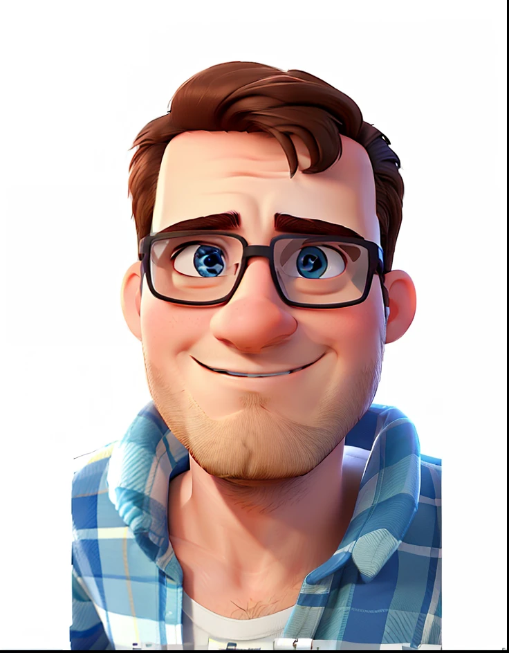 Adult Man Brown Hair Blue Eyes Wears White Shirt Glasses Full Body Electronic On Shirt Written HM , estilo disney pixar, alta qualidade, melhor qualidade