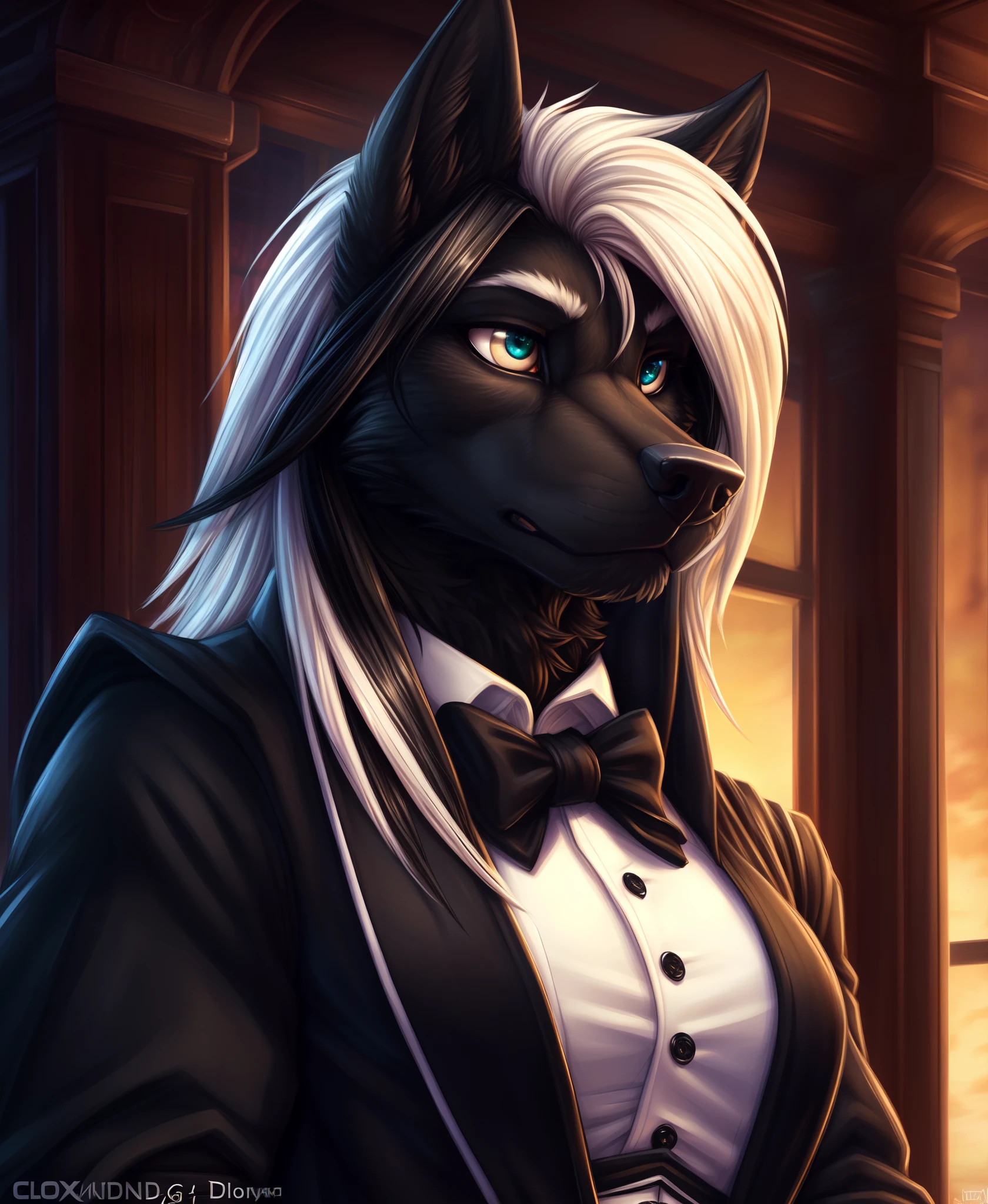 (by Sigmax, by Meesh, by Dimwitdog, by Wolfy-Nail, by Todex, by clockhands), uploaded on e621, professional portrait, (detailed fur:1.2), detailed skin, (detailed eyes, cute eyes:1.2), detailed body, detailed background, (intricate:0.9), (high detail:1.4), ultra realistic, (sharp focus:1.15), masterpiece, 8k, 4k, shaded, best quality, absurd res, absurdres, hdr, (Black wolf, black body:1.5), anthro, canine, (1girl), chest fluff, dynamic camera angle, milf, skinny, (close up:1.4), (long black hair, white hair streak:1.4), (butler outfit, tail coat, serious expression, portrait:1.5), mansion
