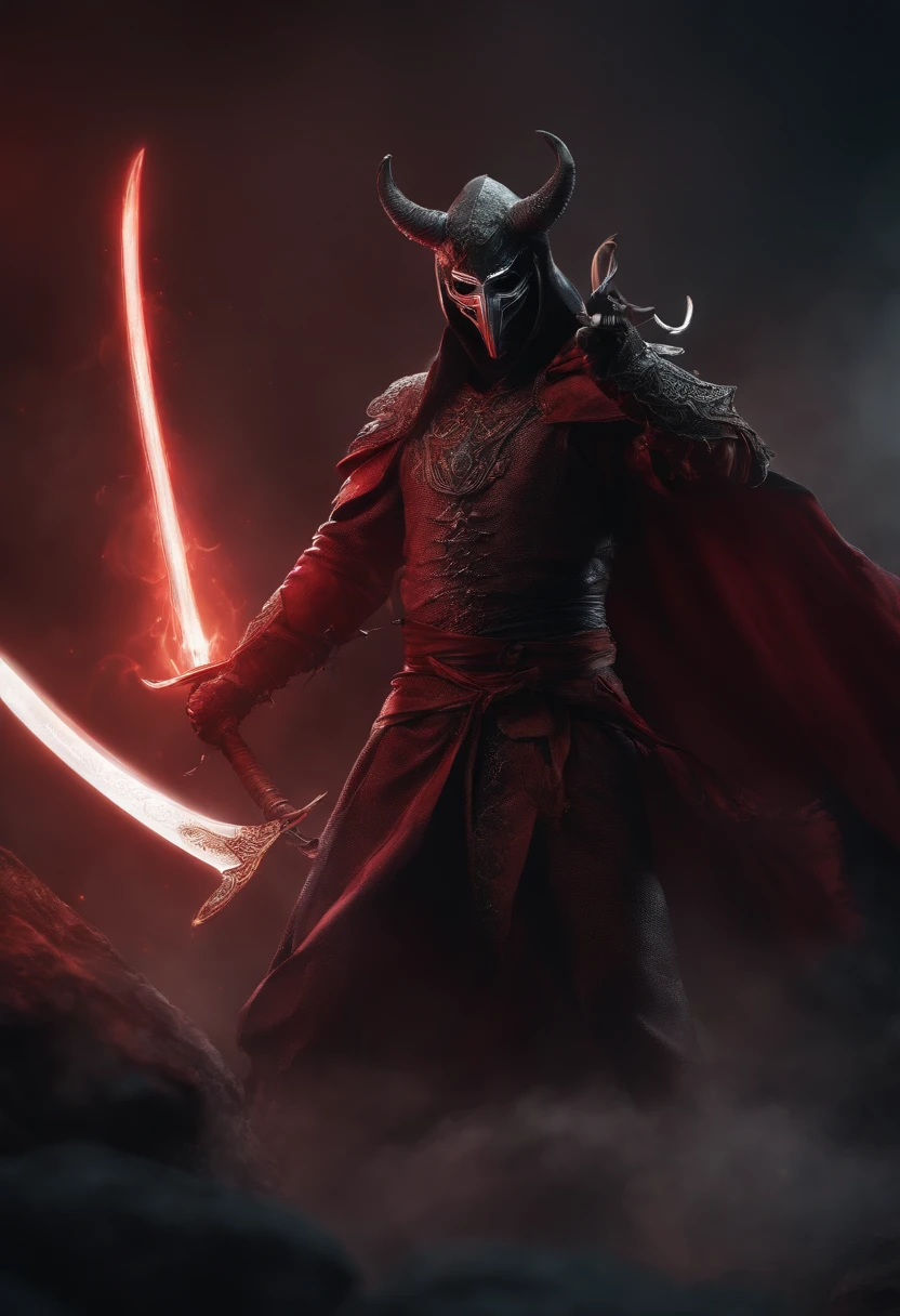 A humanoid devil with a katana in his hand, clad in robes,Wearing a beak mask,Beak-shaped mask,glowing light eyes, eerie, Creepy, nightmarish, Very bright colors, Light particles, with light glowing, Mshiv, wallpaper art, UHD wallpaper