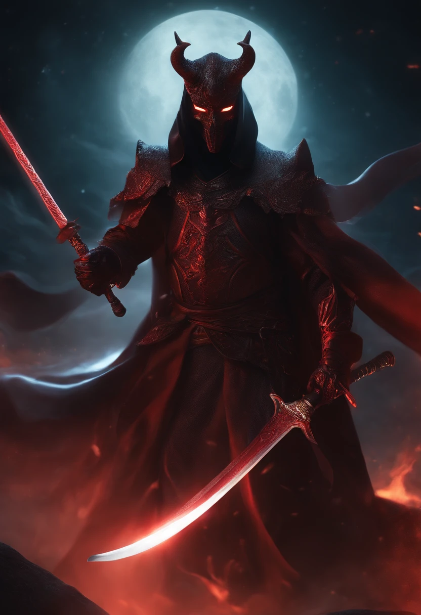 A humanoid devil with a katana in his hand, clad in robes,Wearing a beak mask,Beak-shaped mask,glowing light eyes, eerie, Creepy, nightmarish, Very bright colors, Light particles, with light glowing, Mshiv, wallpaper art, UHD wallpaper