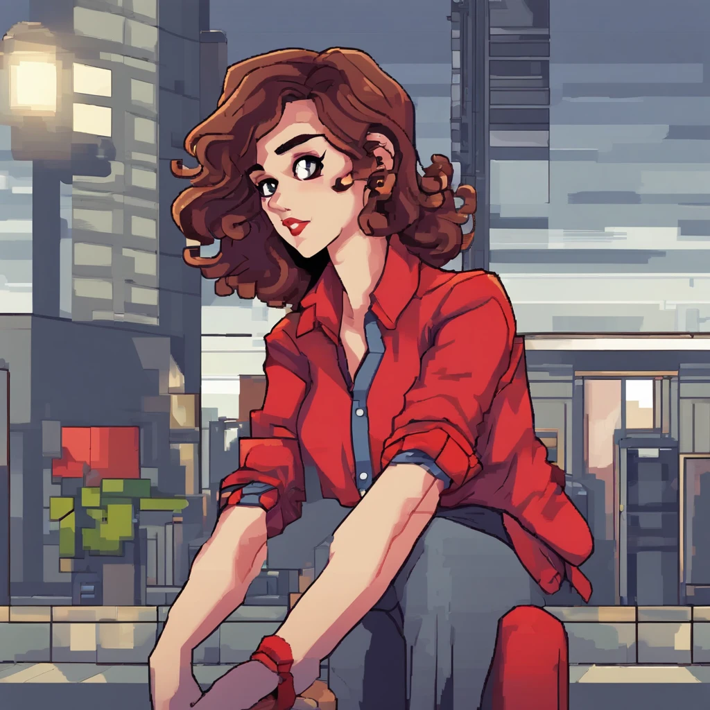 A brunette woman with hair up curly brown eyes red blouse men's gray pants