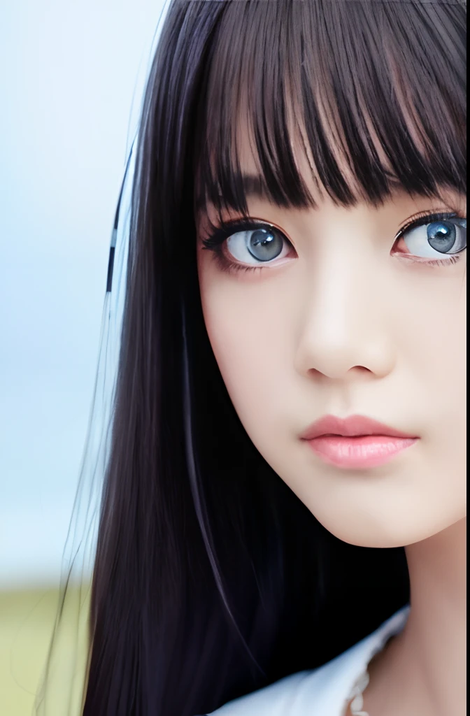 (detailed and realistic portrait of a girl with a clean face), (round eyes and long flutters hair shot outside),staring at camera,magical photography, dramatic lighting, photo realism, ultra-detailed,
 intimate portrait composition, (centered image composition),(close up shot:1.6),best quality,f/1. 8, 85mm,
(28years asian woman), black_hair,(black_eyes:1.2),(bangs),makeup,white_dress,
(hazy blue_sky_background)