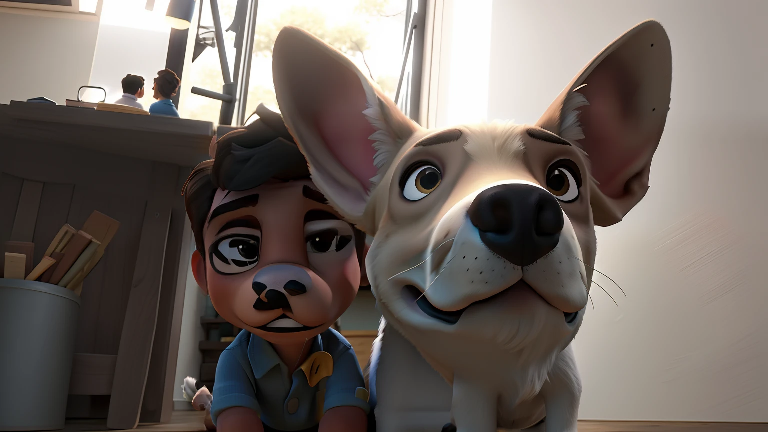 There's a man and a dog who are looking at the camera, with a big head, selfie of a dog, with his hyperactive little dog, morphing dog head, foto inquietante, weird portrait angle, retrato ampliado de um duque, com nariz estreito, testa alta, Foto Disney Pixar, vacation photo, towering over the camera.
