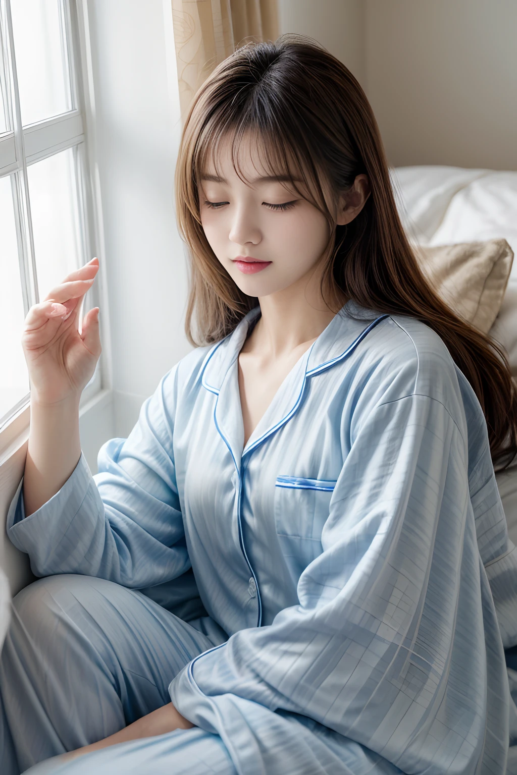 Beauty　pajamas　sleepy　Korean idol style　On the bed