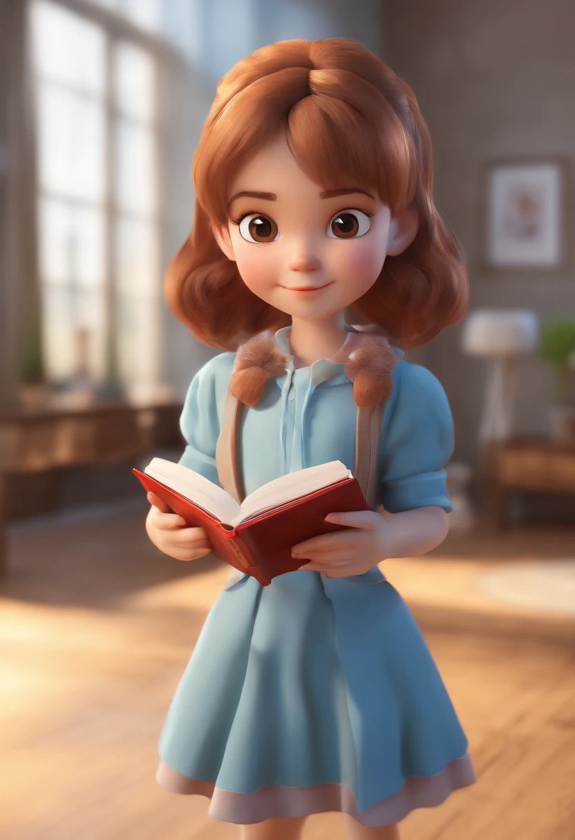 best quality, master part, fotorrealista, extremamente detalhado CG unidade 8k papel de parede, Chibi,1girl, cabelo crespo castanho,sozinho,olhos castanhos ,Blue dress holding a bible,cheio_corpo, sorrir, Olhando_em_visualizador, ao ar livre,