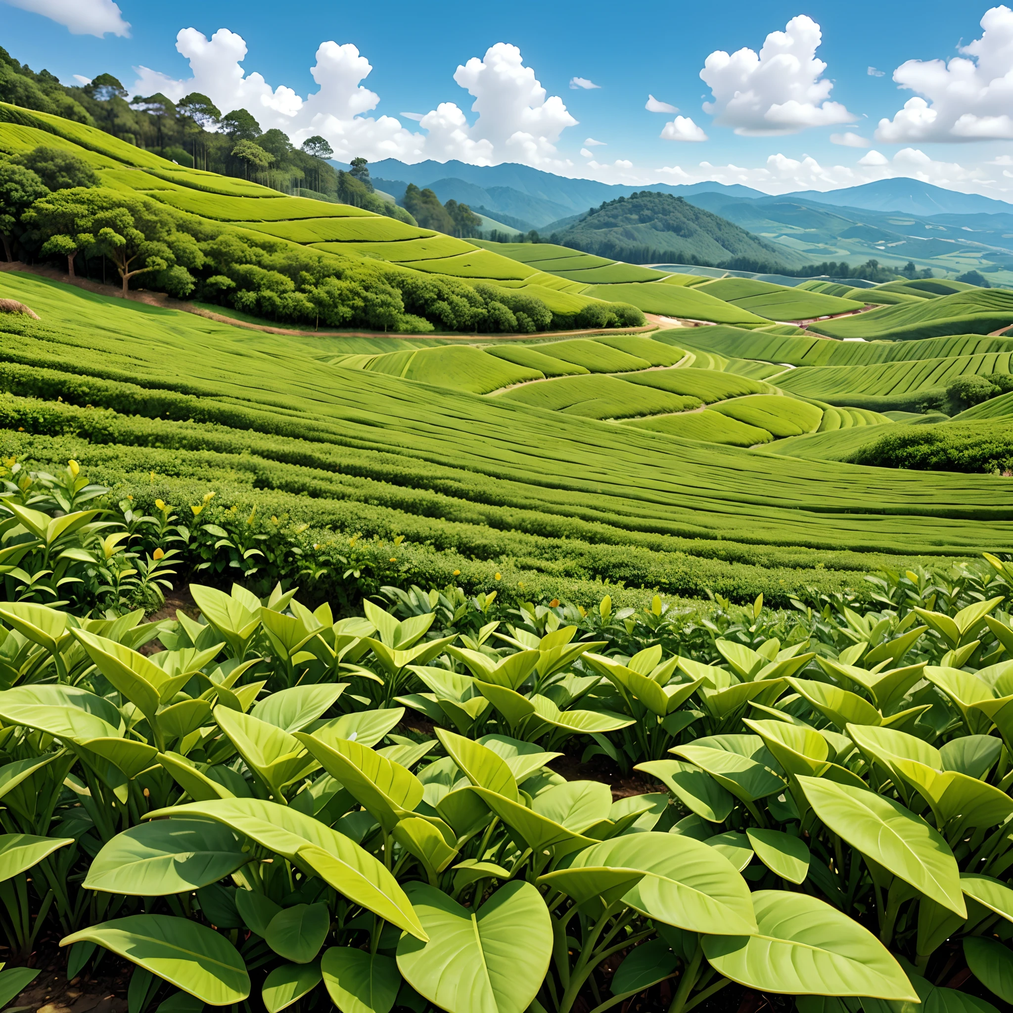 Close up angle Tea plantation with beautiful sky