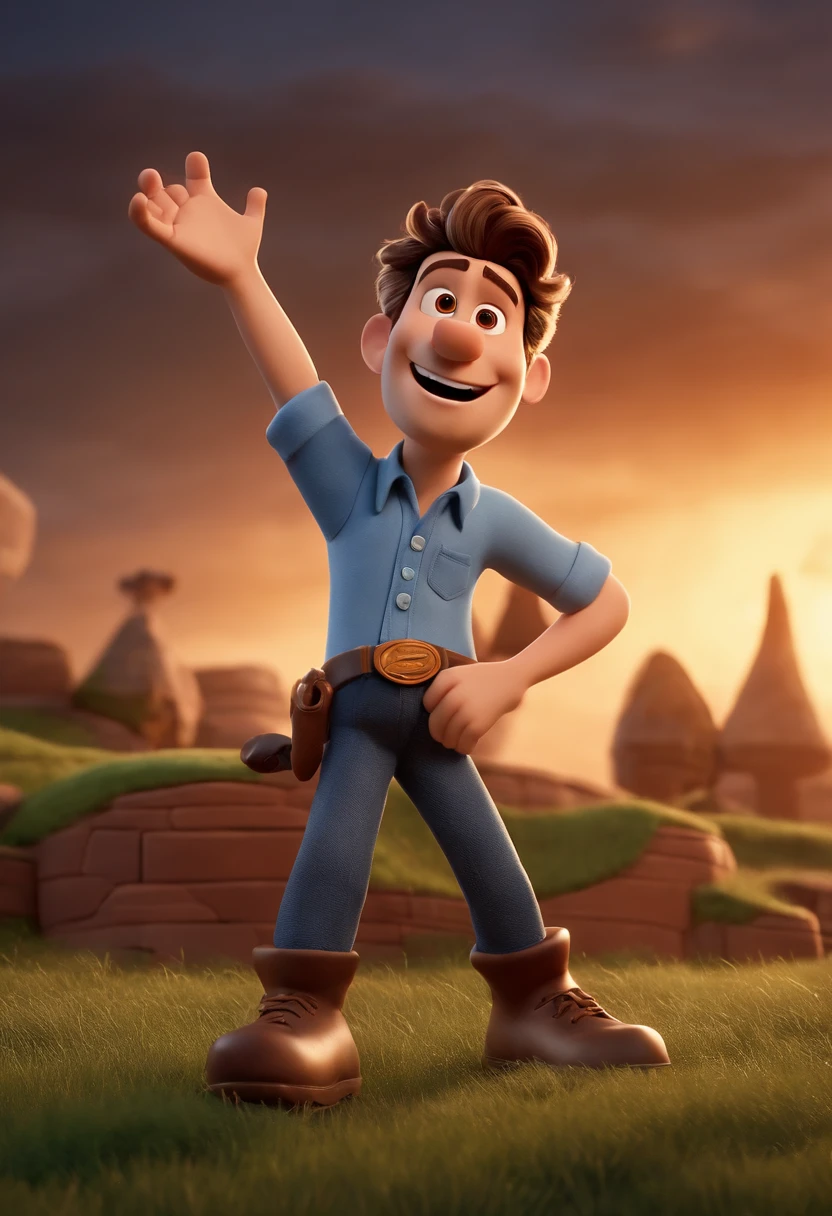 Homem, estilo disney, tom de pele: negro: Cabelo: raspado, camisa: esportiva, Cor azul. Fundo: Gray and white gradient,Comemorando, Hands raised, sorrindo, feliz, (estilo pixar) (obra-prima:1.2) (bokeh) (melhor qualidade) (pele detalhada) (textura detalhada) (8k) (claymation) (cinematic lighthing) (foco nítido