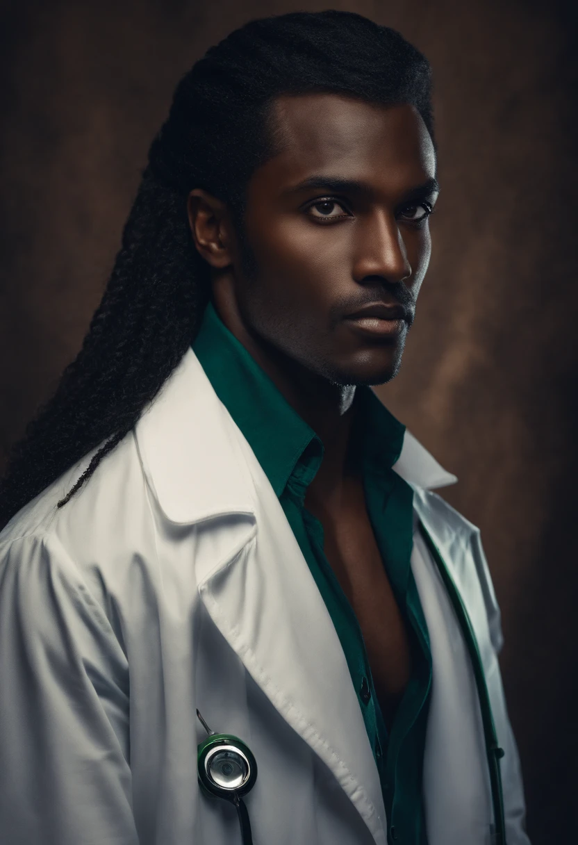 dark-skinned man, long dark blue hair, doctor's white coat, strong, green eyes