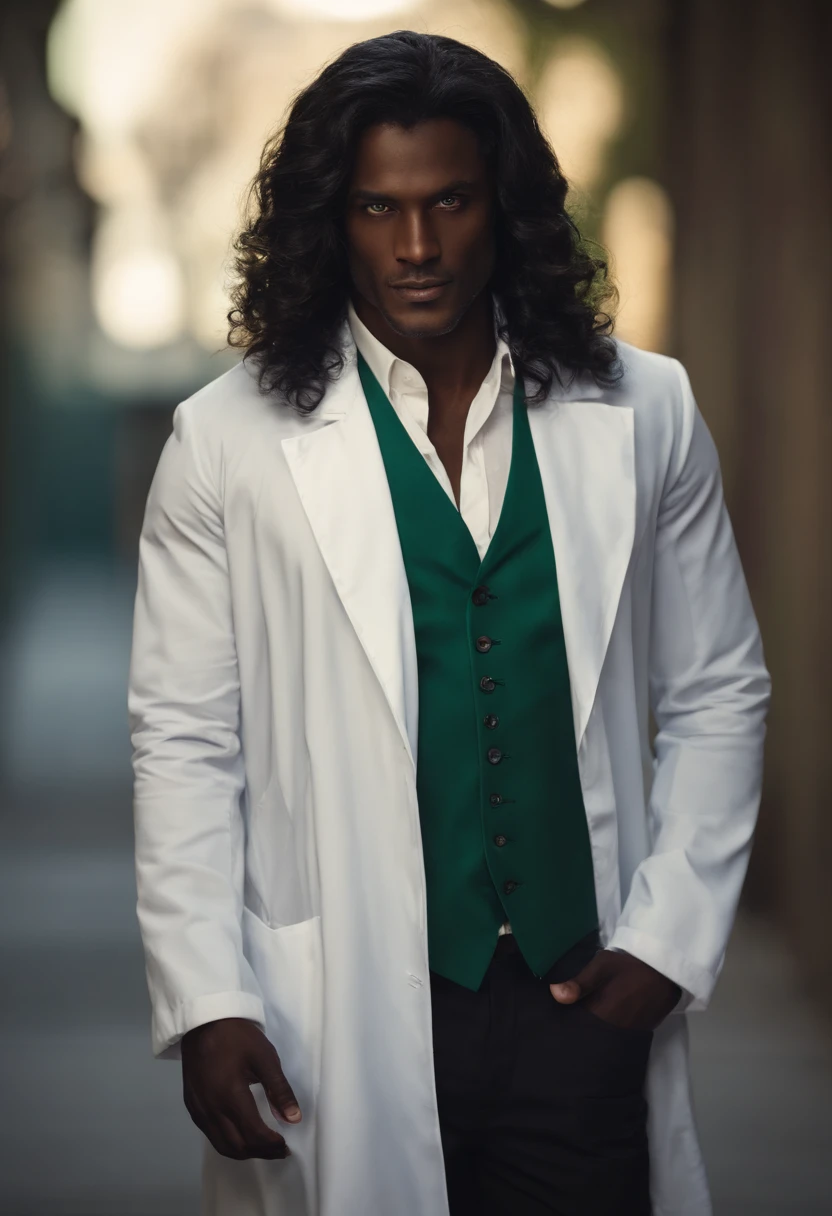 dark-skinned man, long dark blue hair, doctor's white coat, strong, green eyes