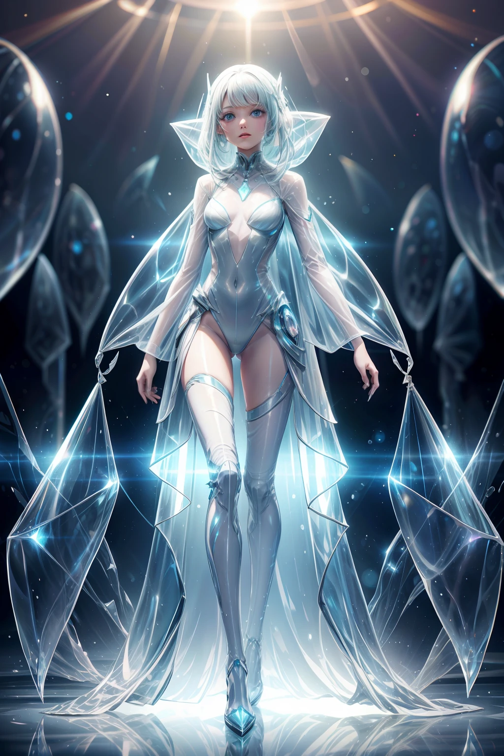 Translucent ethereal aliens,futuristic fashion show,High-tech catwalks