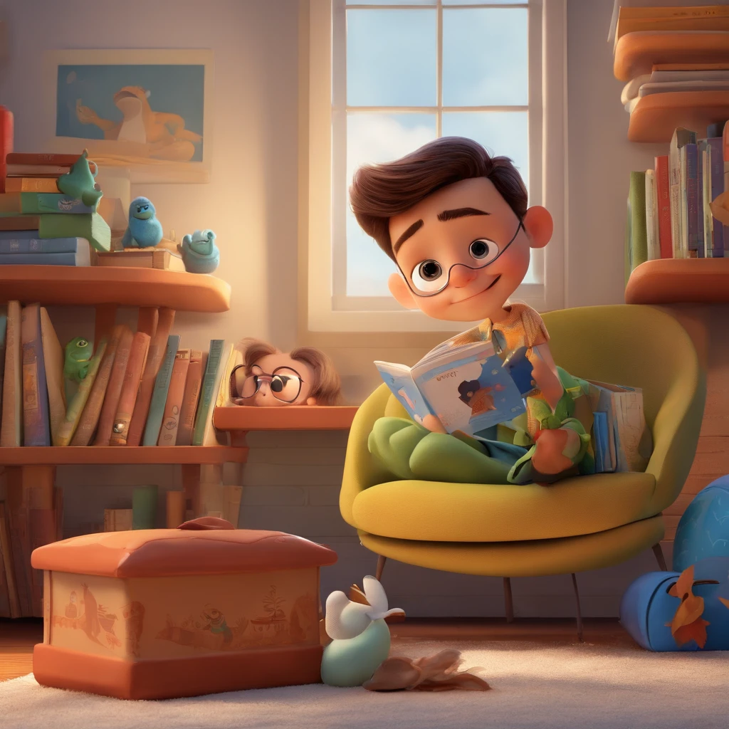 fundo branco, pixar desenhos animados 3D, homem lendo um livro, ::estilo pixar cartoon