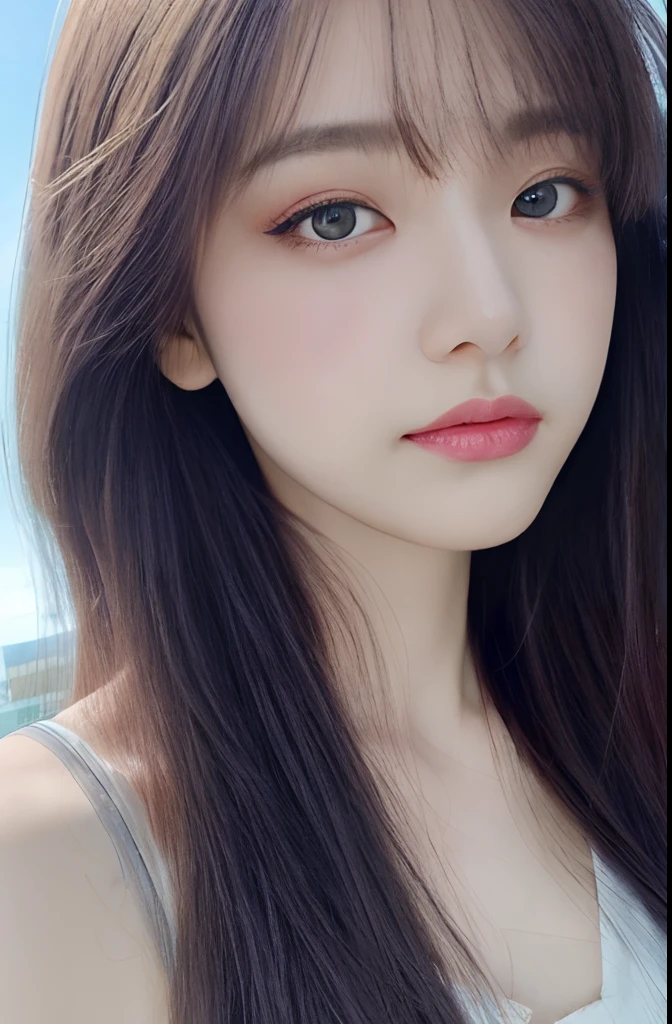 masterpiece, high resolution, best quality, Very detailed, Pink Eyes, Beautiful woman, White long shirt，Black Silk，Large Breasts，Sexy，beach，Long hair