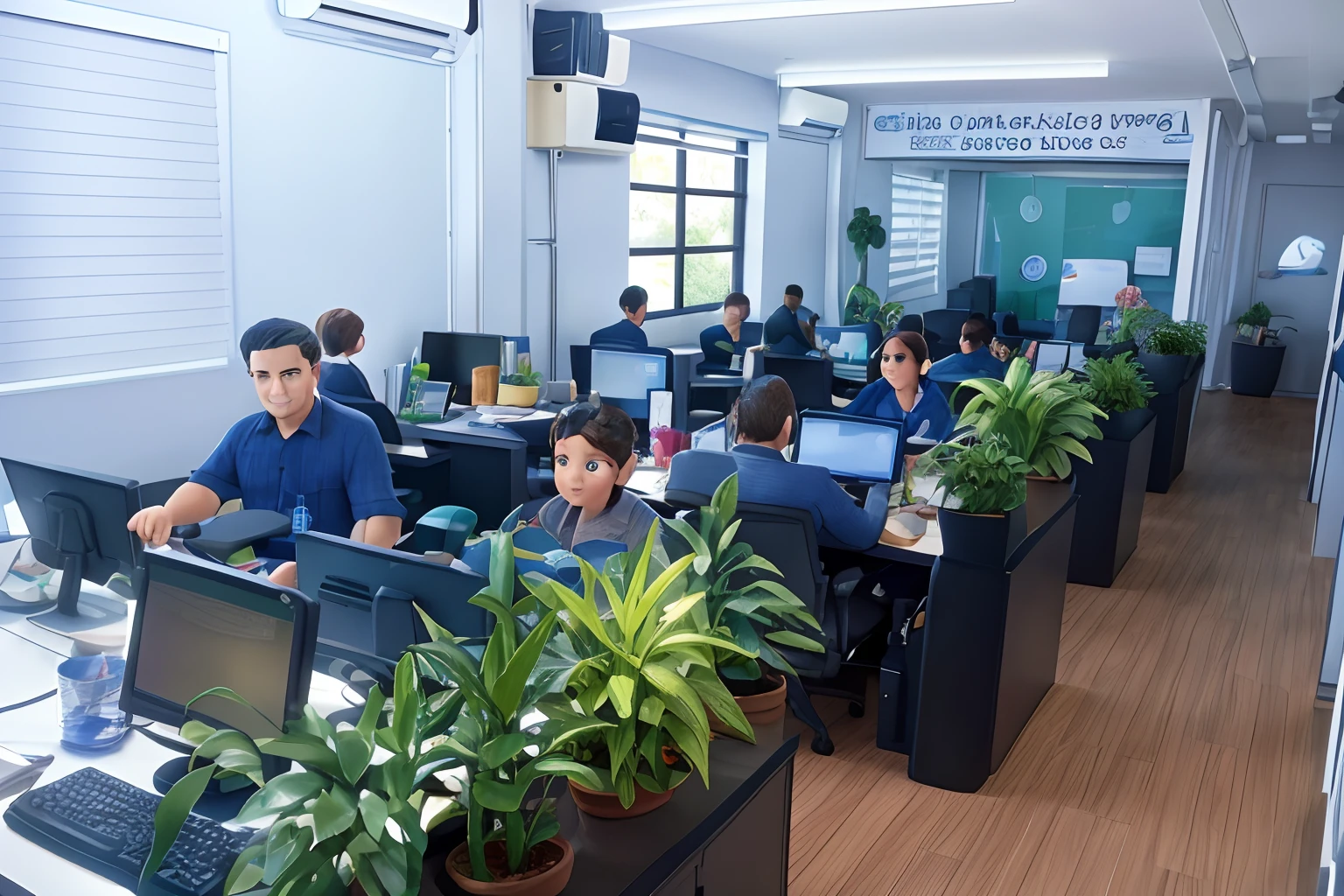Disney Pixar 3D style illustration of an office with happy people. The uniform of these people is a dark blue denim dress shirt, jeans and boots. This office has 6 workbenches, cada bancada possui duas fileiras uma a frente da outra com 3 computadores em cada fileira. At the end of the countertops there are potted plants. In the background there is a meeting room and the wall is aqua green.