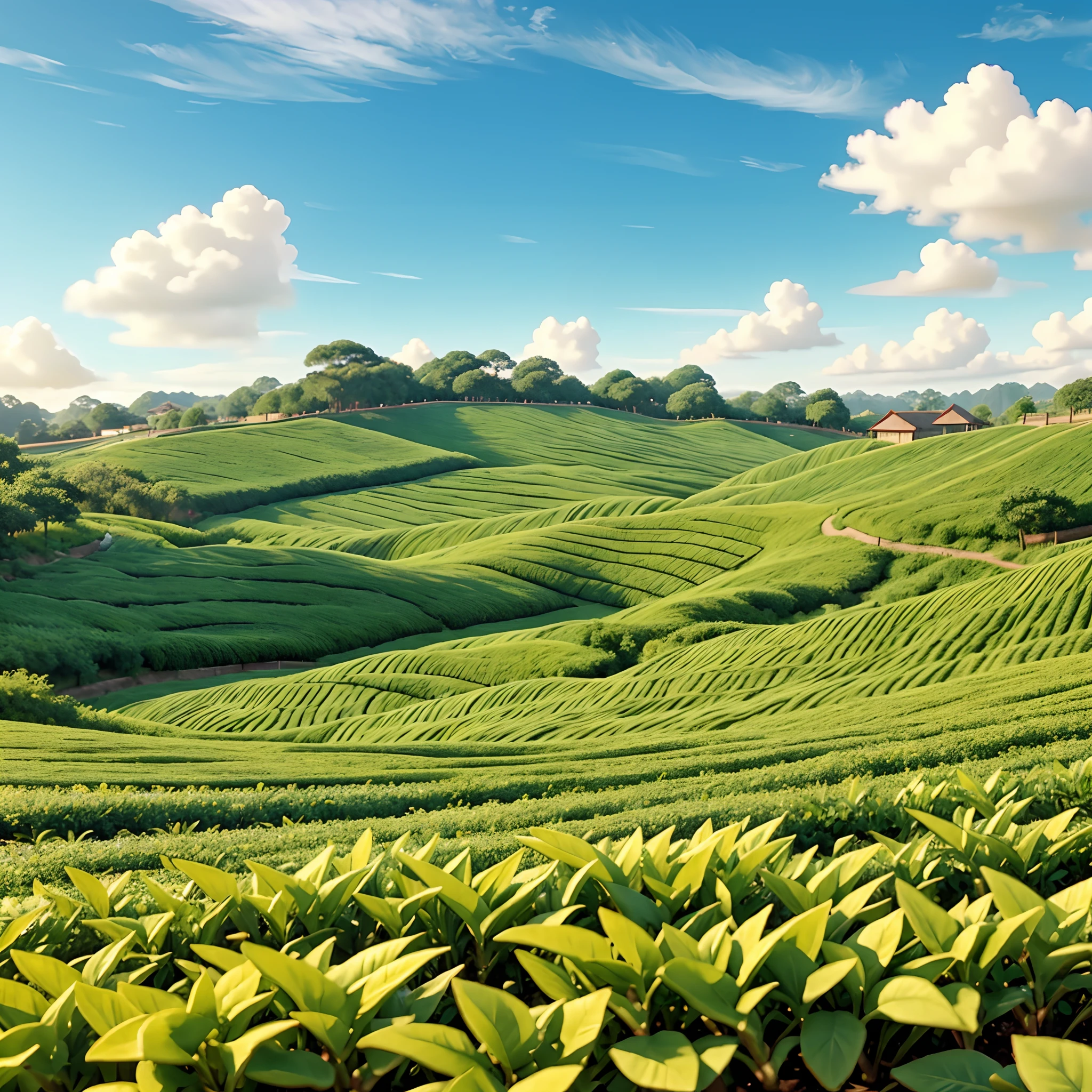 Close up angle Tea plantation with beautiful sky In Disney style animation