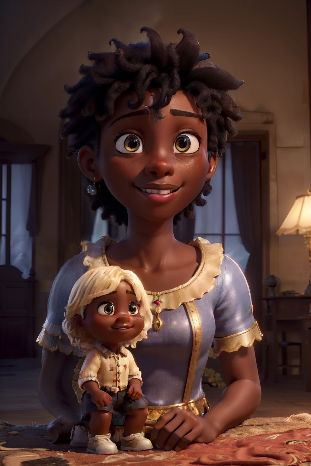 (best quality,highres,ultra-detailed,realistic:1.37),dark-skinned boy in a beautiful castle with fair-skinned blonde girl and black-haired fair-skinned girl, wearing fairy tale clothes