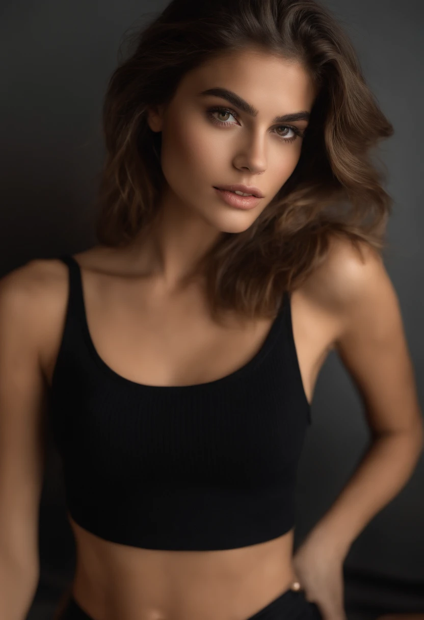 sexy woman, 20years old, Slim, Sport, shiny tanned skin, abs on the stomach , Strong , Dried.cleavage breasts, Narrow waist, curly dark hair, Kaia Gerber , Realistic, photografic, realisitic, natural, Gym, Workout sits in the gym