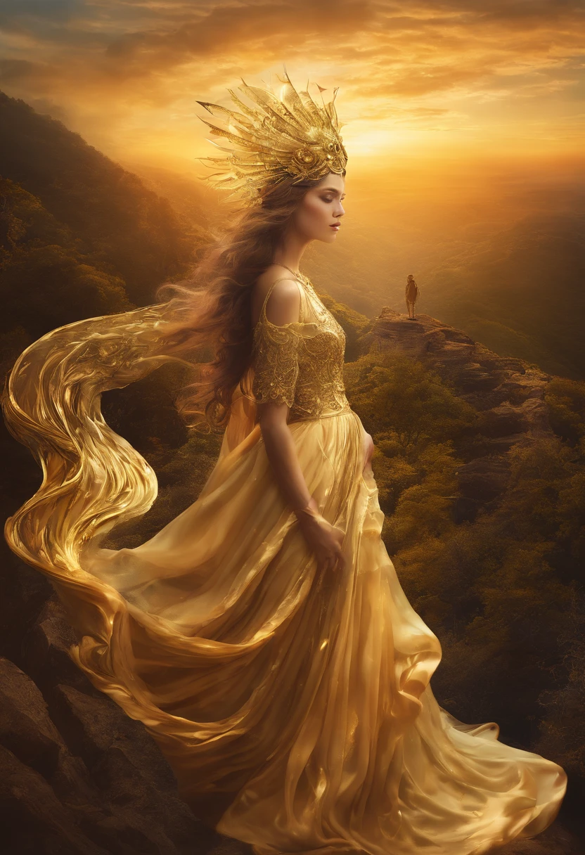 Mulher vestida de dourado com coroa dourada de pontas descendo as escadas do monte olimpo iluminada pelo sol