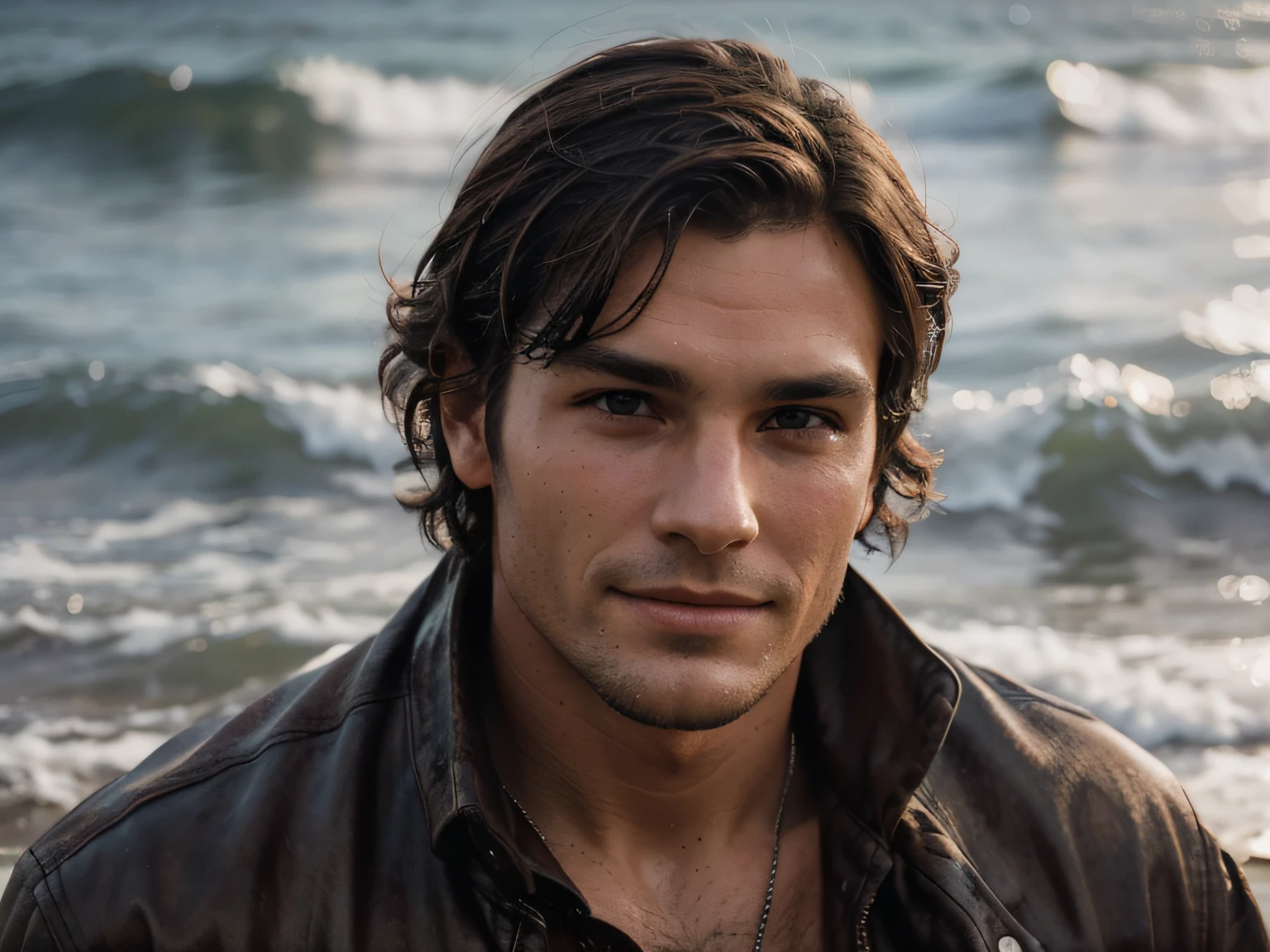 With a rugged yet refined look, this young man exudes confidence and charm. His dark brown hair falls in waves around his strong jawline, and his subtle smile is both alluring and mysterious, ultra realistic photo, photography, photoreal