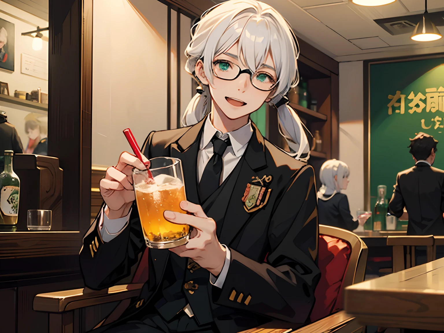 Japan male teenager、He wears round glasses without a rim、white  hair、poneyTail、Black Mesh、tailcoat、neck tie、Smiling、cafes、Green cider